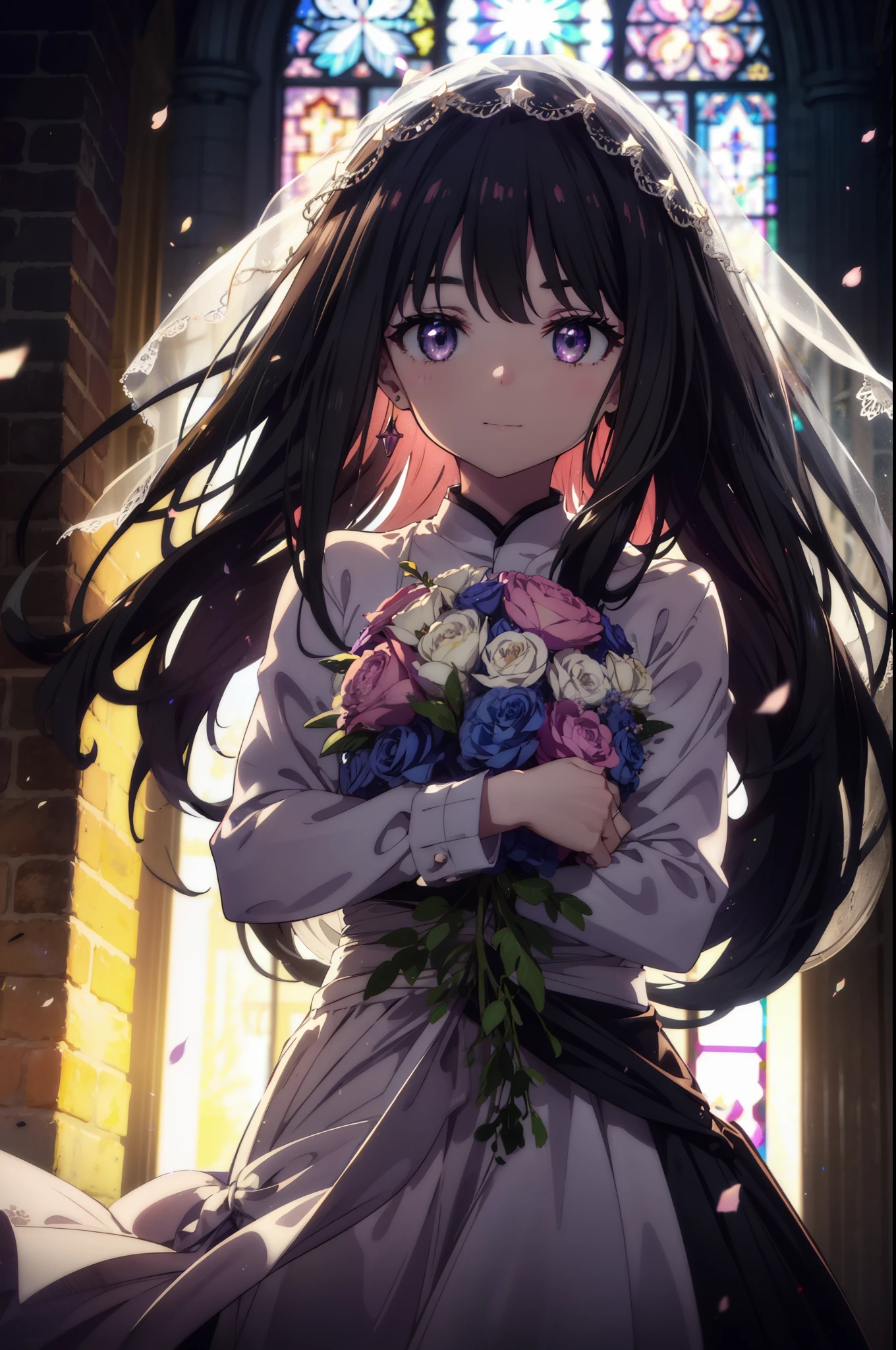 Takiuchi Kame, check it out, long hair, bangs, black hair, (purple eyes:1.2),
blush,smile, Wedding dress,veil wedding skirt,bouquet,bouquetトス,holding a large bouquet of flowers in both hands, 
break indoors, church,チャペル
break looking at viewer, (cowboy shot:1.5),
break (masterpiece:1.2), highest quality, High resolution, unity 8k wallpaper, (figure:0.8), (detailed and beautiful eyes:1.6), highly detailed face, perfect lighting, Very detailed CG, (perfect hands, perfect anatomy),