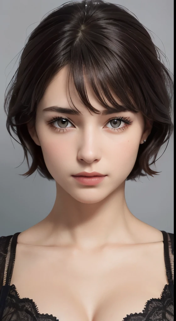 (masterpiece、Highest image quality、photorealistic、High resolution、photograph、:1.3)、Close-up、focus、focus、30 year old mature woman、small face、no makeup、fine beautiful eyes、bangs、dark brown hair、short cut hair、(realistic skin)、beautiful skin、charming、超High resolution、Super realistic、High definition、Camisa Branca Aberta、middle shake、small breasts、bust B cup、small breasts、cool beauty、gray background、