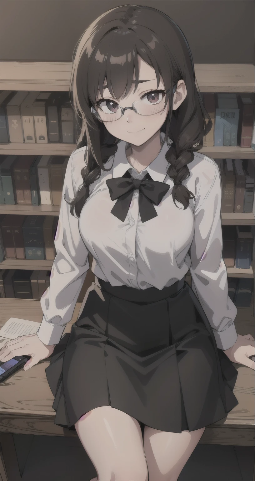 { masterpiece : best quality : high resolution : unity 8k wallpaper : illustration } { Boku No Hero art Academia style } { Background = library } { nerdy appearance : double braided end hair : dark hair : glasses : perfect slender body : perfectly small shape breast : white collar shirt : black skirt : shy : shy smile : sitting : studying }