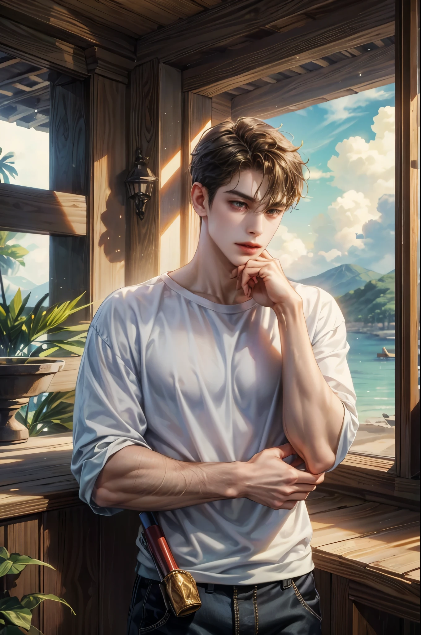 masterpiece, best quality, 1man, adult, male focus, solo, short hair, casual outfit, extremely detailed resort background from the Philippines 