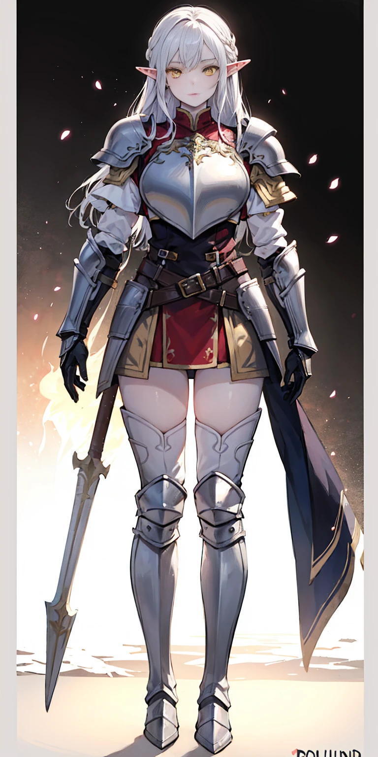 masterpiece, best quality, high quality, 1solo white SKIN elf, long hair, white hair, yellow eyes, full body, breastplate, looking at viewer, shiny, armor, thigh highs, high boots, shoulder armor, faulds, poleyn, gloves, gauntlets