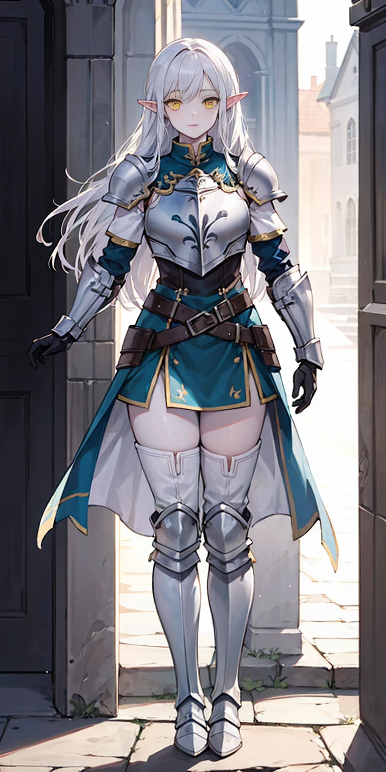 masterpiece, best quality, high quality, 1solo white SKIN elf, long hair, white hair, yellow eyes, full body, breastplate, looking at viewer, shiny, armor, thigh highs, high boots, shoulder armor, faulds, poleyn, gloves, gauntlets