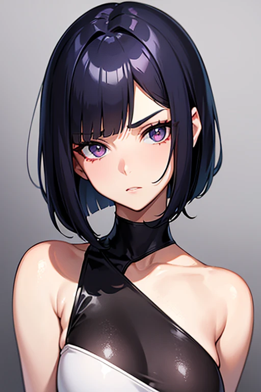 The girl wears her hair in a bob cut, cut at the jawline. Her hair is dark purple and her fringes are parted just in the middle of her forehead, barely peeking over her eyebrows. Other short hair frames the face on either side of the fringe, reaching just above the eyes, and the hair on the sides is clipped above the ears. The hair on top has slight volume and forms an overall rounded silhouette. The texture of the hair is smooth, shiny and lively. The ends of the hair are lightly styled inwards, adding a feminine touch.