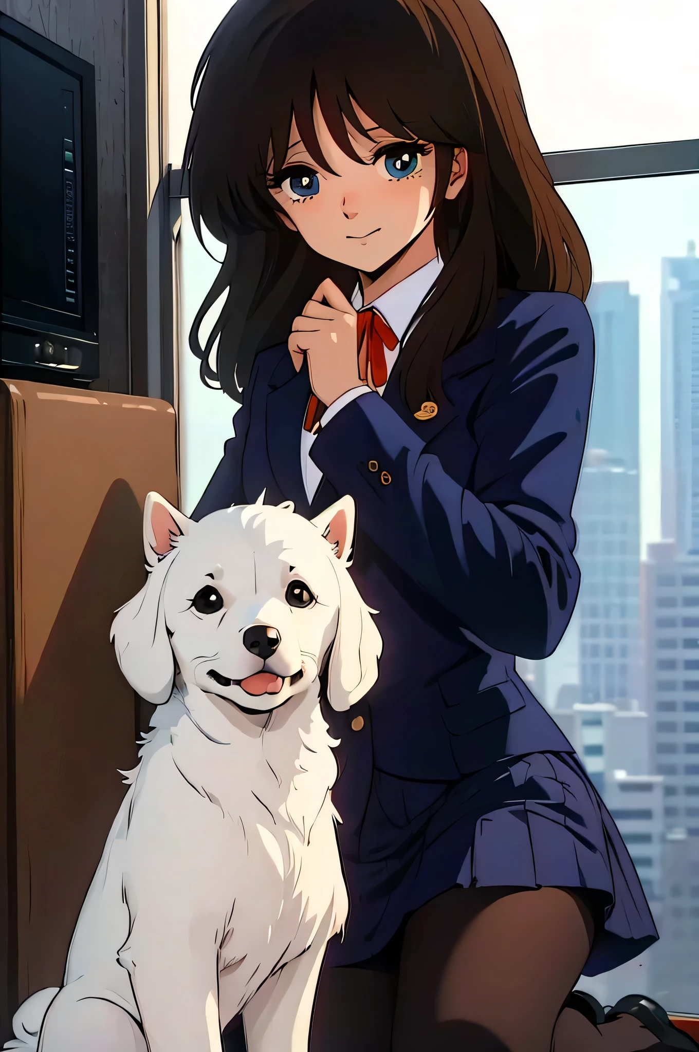 (Anime one, retro art style, Clean brush strokes, very detailed, perfect anatomy, NSFW), park background, square, 1 girl (alone:1.5), eyebrows visible through hair, bangs, dark brown hair, blue eyes, downcast eyes (sanpakugan:1.4), half open eyes (detailed and beautiful eyes:1.2), Looking at the puppy, (shy smile), sitting, dark blue blazer, open clothes, Thin red ribbon, White round collar shirt, dark blue long skirt, dark grey pantyhose, (Petting a puppy&#39;s head, White puppy, plump), 