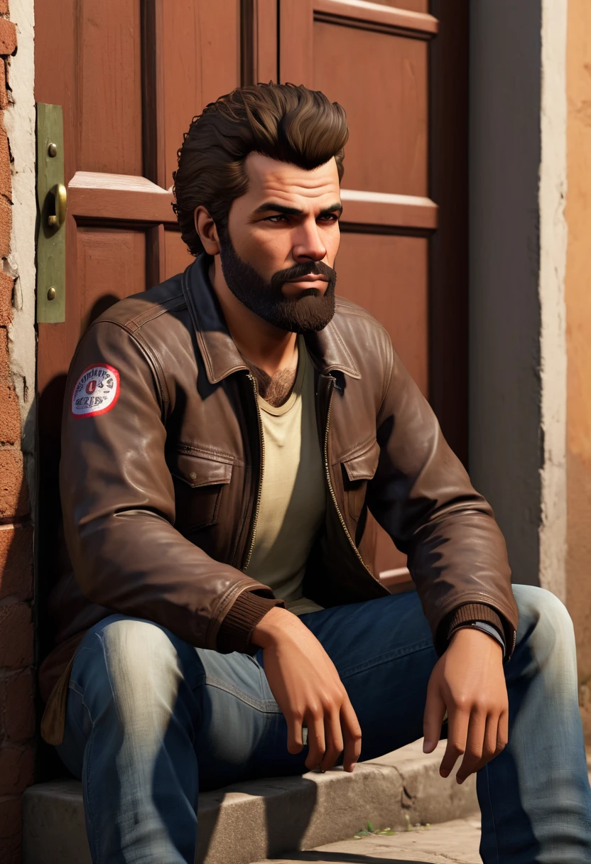 (Estilo GTA:1.5),the background is very poor and dirty community night,homem jovem muito magro de 35 anos com cabelo messy pomp castanho, with a beautiful brown beard looking and very strong at the camera from afar dressed in a very simple and humble and dirty outfit, alone on the community street he is sitting in front of the door of a very humble and poor house