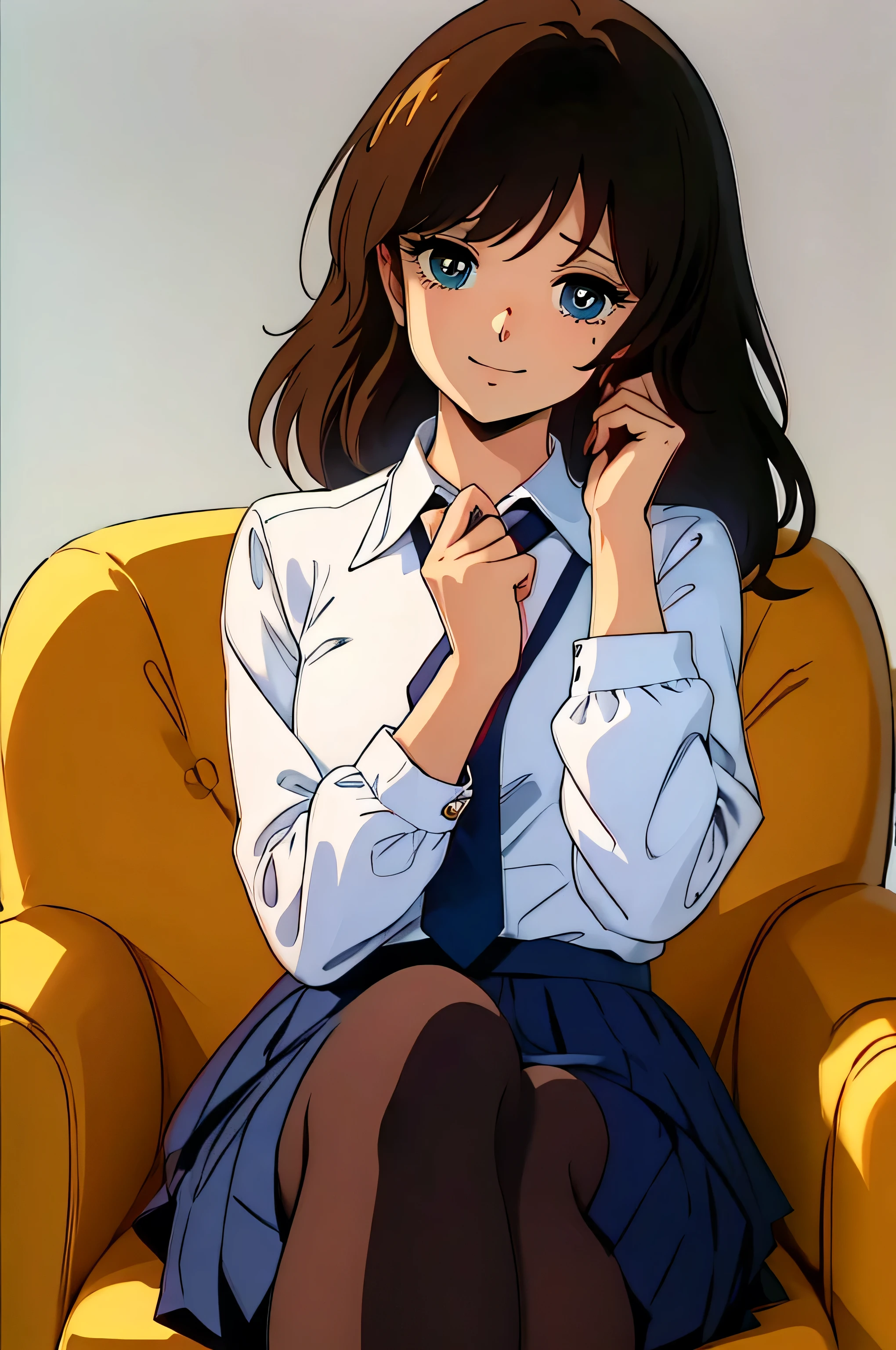 (Anime one, retro art style, Clean brush strokes, very detailed, perfect anatomy, NSFW), park background, square, 1 girl (alone:1.5), eyebrows visible through hair, bangs, dark brown hair, blue eyes, downcast eyes (sanpakugan:1.4), half open eyes (detailed and beautiful eyes:1.2), Looking at the puppy, (shy smile), sitting, dark blue blazer, open clothes, Thin red ribbon, White round collar shirt, dark blue long skirt, dark grey pantyhose, (Petting a puppy&#39;s head, White puppy, plump), 