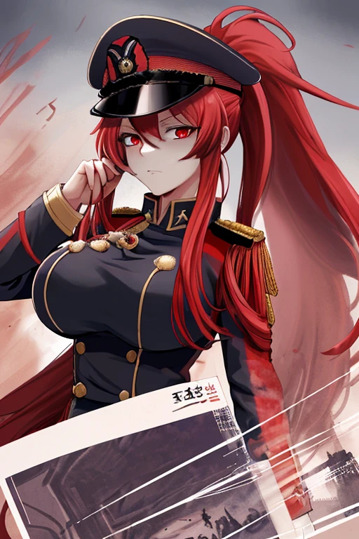 solving the absurd,High resolution,Masterpiece 1.4,super beautiful,8 life size,Second World War,Wearing German military uniform,red eyes,red long hair,ponytail,big breasts,clear eyes,solving the absurd,High resolution,Masterpiece 1.4,super beautiful,Wearing a military cap,body hidden by clothes,8 life size,get closer to the camera,red eyes,red long hair,ponytail,big breasts,face of despair,battlefield background,