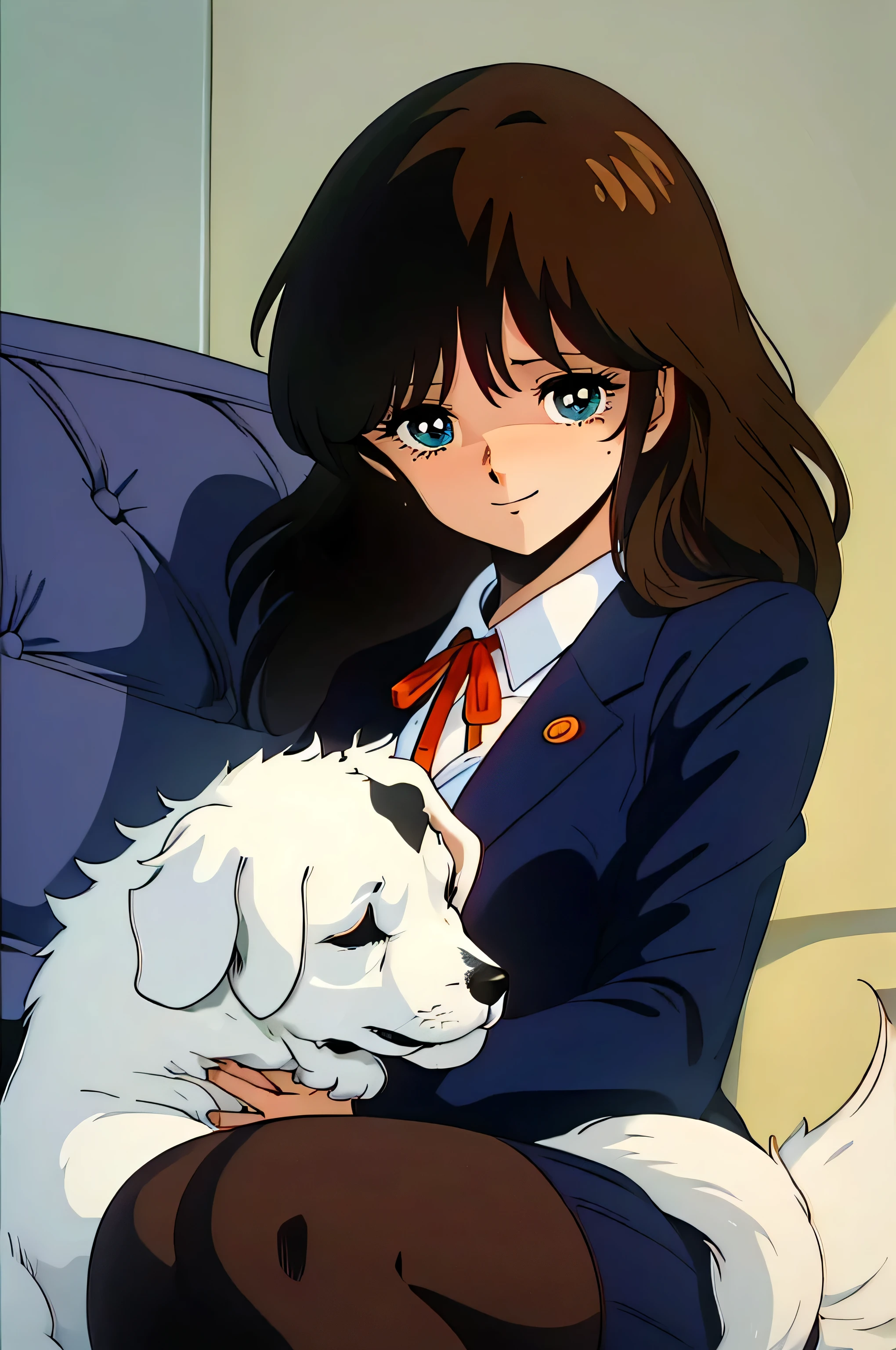 (Anime one, retro art style, Clean brush strokes, very detailed, perfect anatomy, NSFW), park background, square, 1 girl (alone:1.5), eyebrows visible through hair, bangs, dark brown hair, blue eyes, downcast eyes (sanpakugan:1.4), half open eyes (detailed and beautiful eyes:1.2), Looking at the puppy, (shy smile), sitting, dark blue blazer, open clothes, Thin red ribbon, White round collar shirt, dark blue mini skirt, dark grey pantyhose, (Petting a puppy&#39;s head, White puppy, plump), 