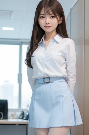 intelligent, smiling, standing, arms crossed, wave hair, white interview suit,light blue skirt, ,pantyhose, in the office, long shot, low angle shot