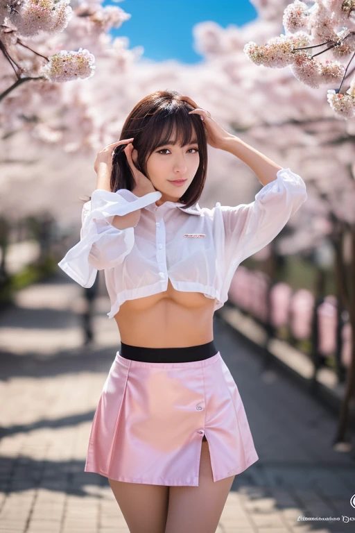 (((masterpiece:1.4, highest quality:1.4, 8K, ultra high resolution, Physically based rendering))), full body portrait, super beautiful sexy woman, perfect style body, 24-years-old, (fine big eyes), fine thin eyebrows, eye highlights, (dark brown half up hair, hair behind the ear), Highly detailed face and skin texture, clear focus:1.2, Slender beauty:1.4, ((huge beautiful breasts:1.7, exposed chest)), slim abs:1.1, tight waist:1.2, clear facial features, (no makeup), ((( Shirt that shows nipples:1.4, underboob:1.2))), (((Metallic holographic pink high waist pencil mini skirt, skirt lift:1.6, long and beautiful legs))), (transparent black knee high stockings), ((No panties)), (((Detailed beautiful pussy exposed:1.4, pubic hair:1.5, Cloudy liquid drips from the pussy to the thighs))), , (open your legs wide),put your hands on your head, (lift her chin:1.2, open your mouth), (from below), (looking at the viewer:1.1), (smile:1.2), (spread your legs wide), ((The best time to see cherry blossoms at night:1.4, SakuraFubuki:1.4, Scattering cherry blossoms, Standing in the middle of cherry blossoms in full bloom:1.8, shine of street lights:1.5)), ((Glowing particles dancing in the night sky:1.4, incredible sky:1.2)),