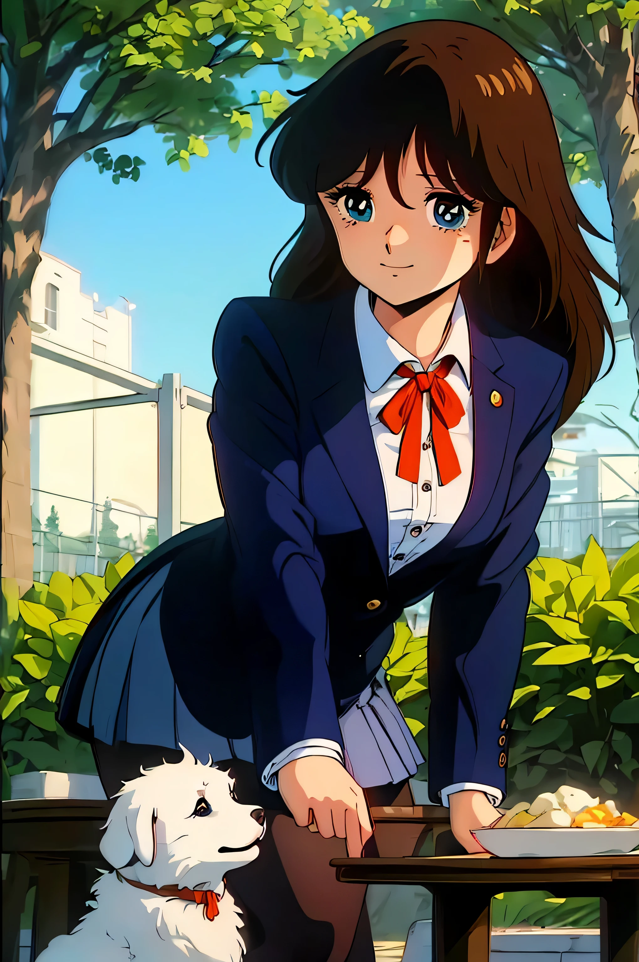 (Anime one, retro art style, Clean brush strokes, very detailed, perfect anatomy, NSFW), (garden, square background), 1 girl (alone:1.5), eyebrows visible through hair, bangs, dark brown hair, blue eyes, downcast eyes (sanpakugan:1.4), half open eyes (detailed and beautiful eyes:1.2), (shy smile), sitting, dark blue blazer, open clothes, Thin red ribbon, White round collar shirt, dark blue mini skirt, dark grey pantyhose, (Petting a puppy&#39;s head, White puppy, plump), Looking at the puppy, 