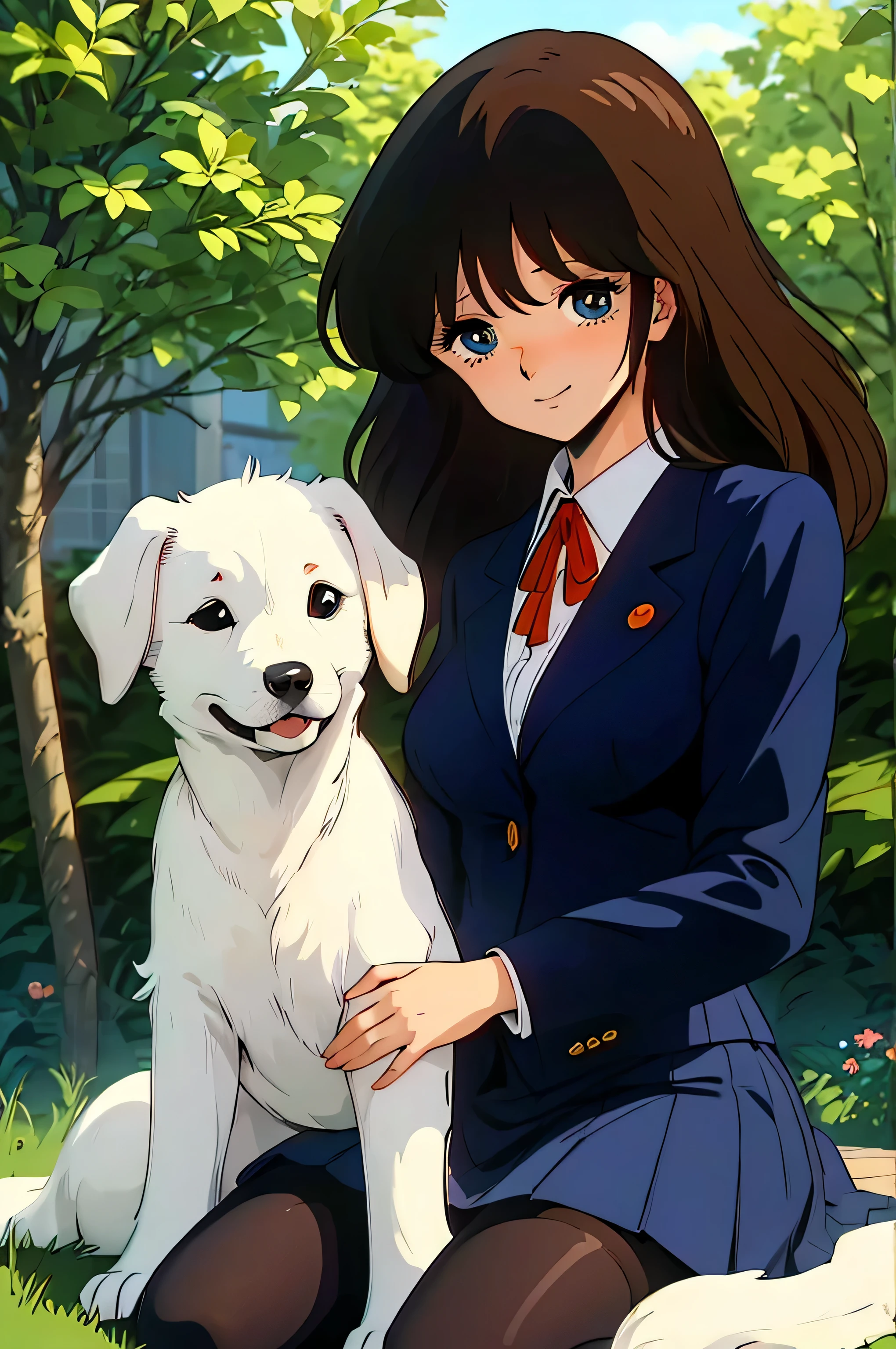 (Anime one, retro art style, Clean brush strokes, very detailed, perfect anatomy, NSFW), (garden, square background), 1 girl (alone:1.5), eyebrows visible through hair, bangs, dark brown hair, blue eyes, downcast eyes (sanpakugan:1.4), half open eyes (detailed and beautiful eyes:1.2), (shy smile), sitting, dark blue blazer, open clothes, Thin red ribbon, White round collar shirt, dark blue mini skirt, dark grey pantyhose, (Petting a puppy&#39;s head, White puppy, plump), Looking at the puppy, 