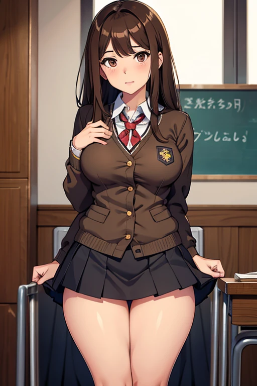 a young woman, small face, small eyes, Brown eyes, very young appearance round glasses, long braids, BROWN SKIN, huge breasts, big butt, Skinny body, parts, innocent girl, innocent smile, nerd, posing sexually, a small, very tight white dress shirt, micro skirt, long black tights, small legs, tight clothes, in an empty school, sitting at a desk, coquette, front view, 