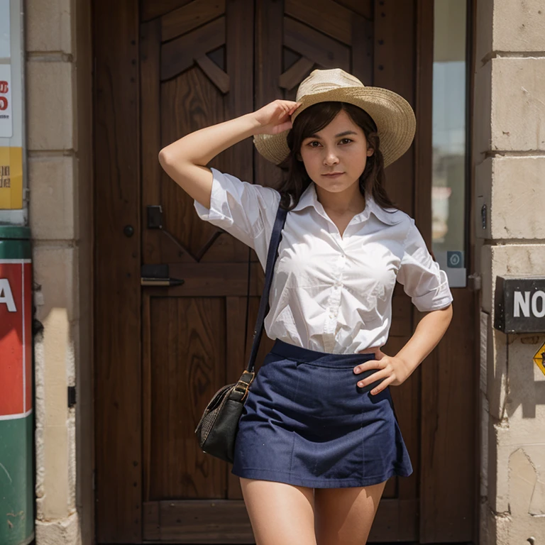 Little 12 year old girl dressed as a cowgirl with a very short skirt in the middle of a midwestern town 