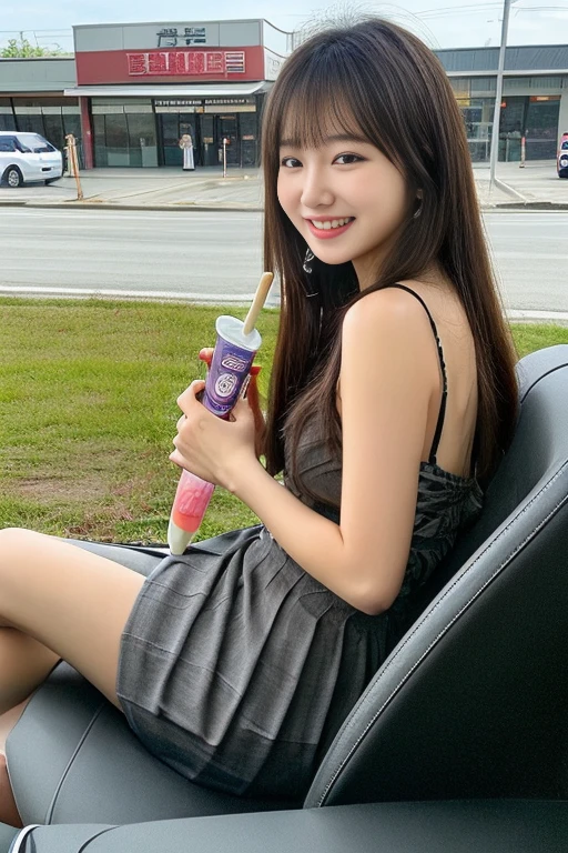 1girl,(Best quality at best, tmasterpiece:1.2), super high separation rate, actual, Frontlighting, Complicated details, Exquisitedetailsandtextures, (with sparkling eyes and a contagious smile),cute Face highlights, Best Quality, masutepiece, beautiful mature women、Beautiful face、Strong-minded woman、Office Suits、brown haired、Brown-eyed、Longhaire、Undersized eyes、Full body like、In front of a convenience store、outside of house、Eating popsicles,her thin pubic hair, looking at viewer,