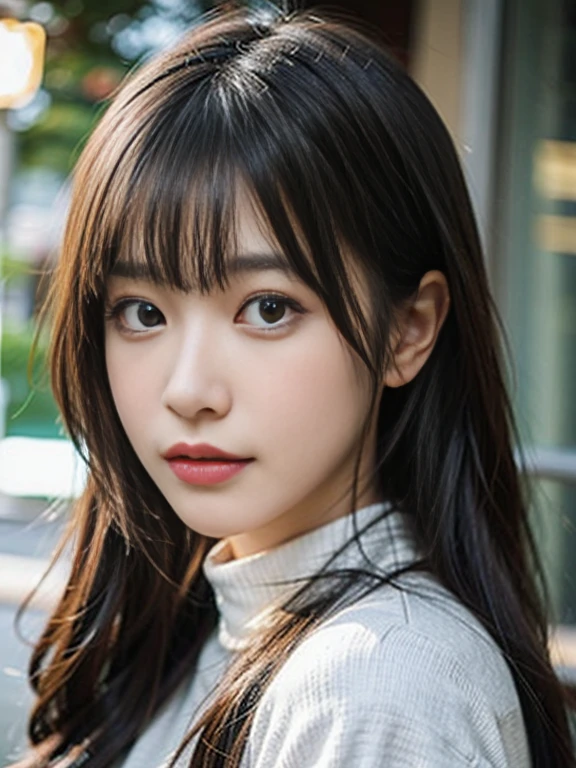 Alafe asian woman with long hair and turtleneck sweater, cute realistic portrait, hyper realistic anime, Akihiko Yoshida. unreal engine, realistic beautiful face, realistic anime, 8K highly detailed face, young adorable korean face, Accurate and ultra-realistic face, sakimichan, 8K Art Germ Bokeh, High quality 4K portraits