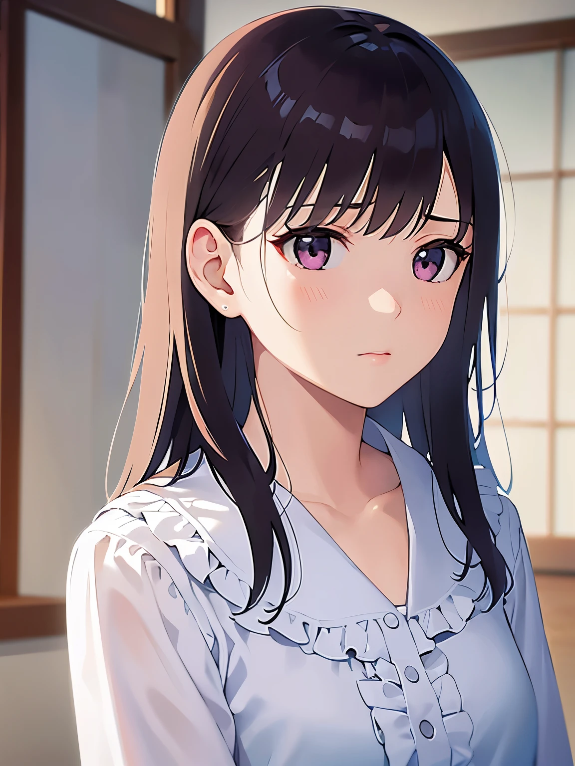 side angle, (looking away:1.5) Upper Body, Realistic, real person, RAW photo, photorealistic, portrait photography, shiny skin, japanese idol、(A 25-year-old woman with light chestnut-colored bangs)and (medium hair) and (pink eyes), (white ruffle plane blouse:1.2) and (long sleeve)、Bad mood, The background is the living room、Are standing、Alone、Staring,