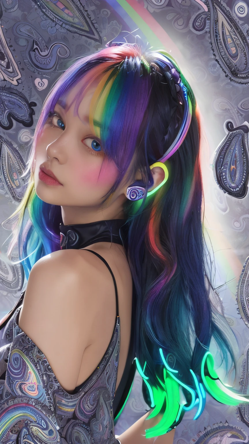 masterpiece, highest quality, 4K, Photorealistic, bokeh, enlightenment,1 perfect portrait of a girl, (A fascinating eye for perfect detail:1.2), colorful hair, (gradient hair), (Neon blue soft long hair:1.6), (Cat ear:1.2), fantasy background, (exposed bare shoulders), (long-term alienation sleeve), (lean forward a little), head tilt, movie lighting, oversized clothes, (seductive pose:1.4), (Rainbow color paisley pattern background:1.6), beautiful lite blue eyes, close up,