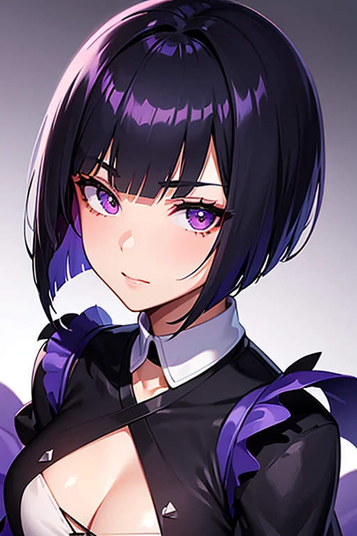 Anime-style portrait of a girl with a dark violet bob cut making eye contact with the camera, bright eyes, baby-faced, subtle smile, minimalistic background to emphasize character, high contrast, clean lines, digital painting, vivid colors, The girl wears her hair in a bob cut, cut at the jawline. Her hair is dark purple and her fringes are parted just in the middle of her forehead, barely peeking over her eyebrows. Other short hair frames the face on either side of the fringe, reaching just above the eyes, and the hair on the sides is clipped above the ears. The hair on top has slight volume and forms an overall rounded silhouette. The texture of the hair is smooth, shiny and lively. The ends of the hair are lightly styled inwards.