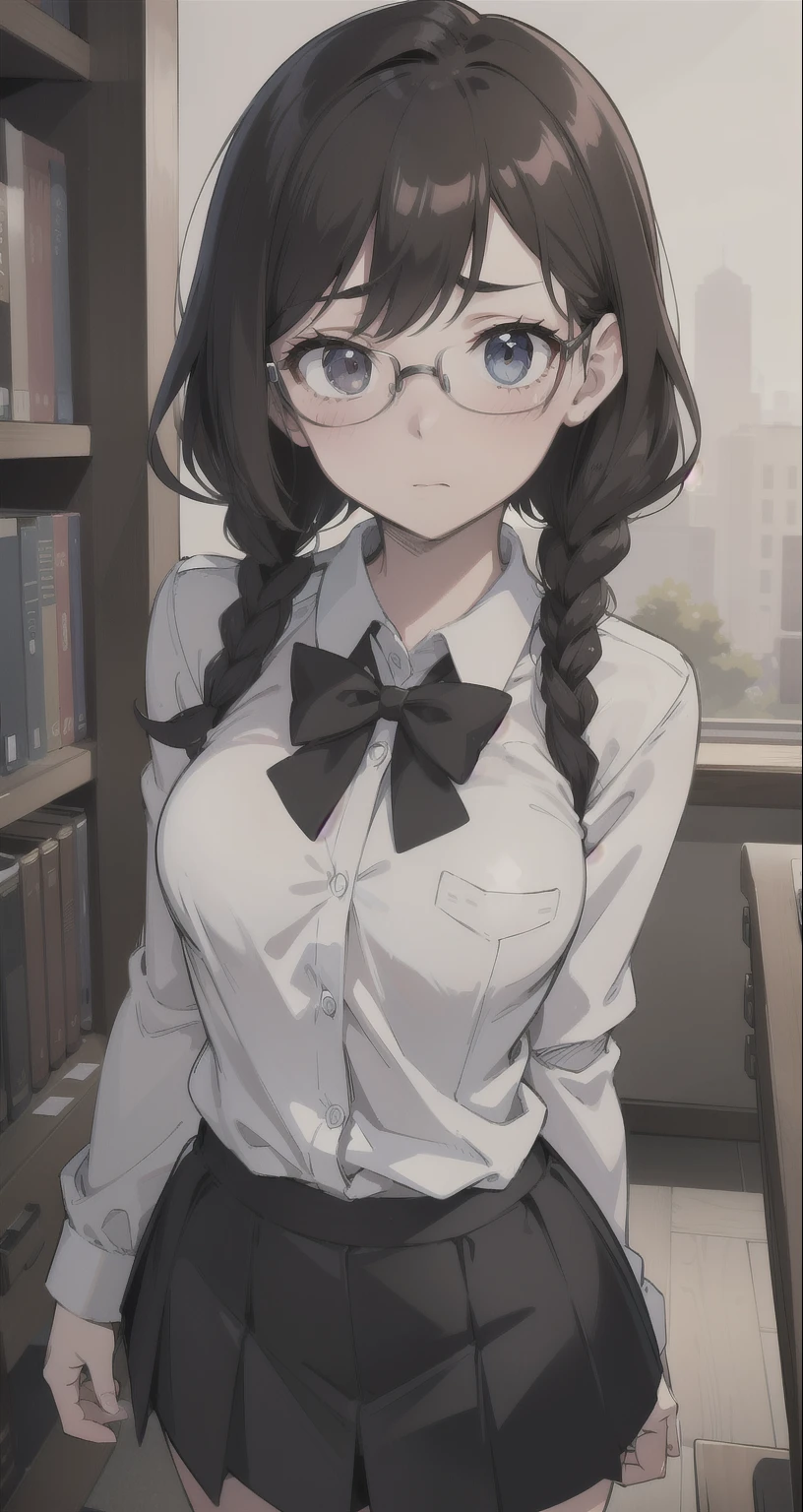 { masterpiece : best quality : high resolution : unity 8k wallpaper : illustration } { Boku No Hero art Academia style } { Background = library } { nerdy appearance : double braided end hair : dark hair : glasses : perfect slender body : perfectly small shape breast : white collar shirt : black skirt : standing : surprised: embarrassed : blush }