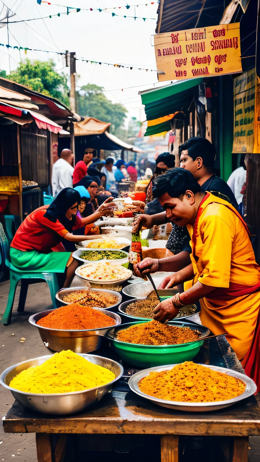(a group of,Indian gang,eating,roadside stall),portraits,vibrant colors,vivid lighting,spicy atmosphere,urban setting,colored spices,aromatic dishes,traditional attire,expressive faces,cultural diversity,authentic Indian cuisine,cooking utensils,detailed facial features,street food culture,smiling expressions,tasty delicacies,chaotic ambiance,culinary delights,enticing aromas,indigenous street vendors,festive environment,community gathering,spicy street food,vari
