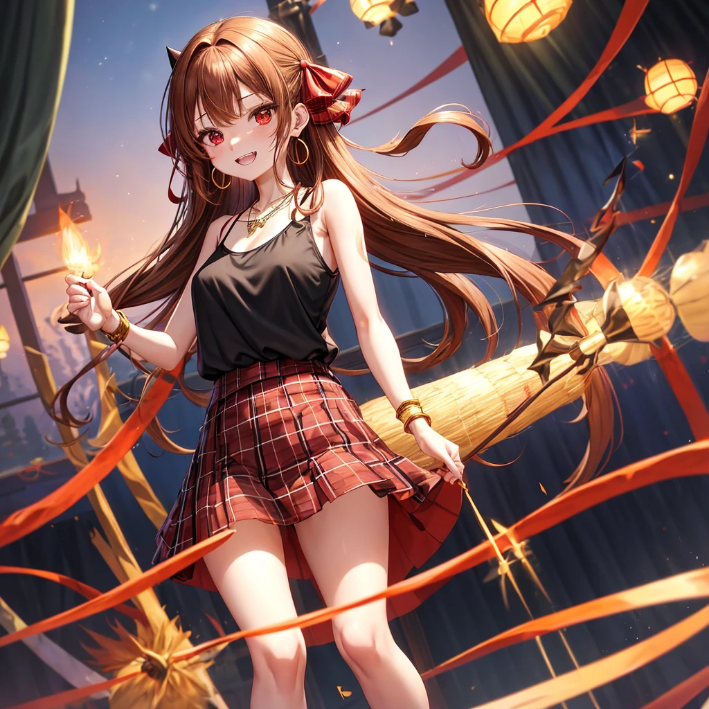 reddish-brown golden hair、red eyes、one good looking girl、solo、anime、plaid mini skirt、black camisole、black t-shirt、dress、wearing a ribbon、ribbon at waist、crystal earrings、jewelry necklace、Light and shadow、tilting one's face、teeth are visible、pillar、torches、evil looking face、Kuroko、Den-den drum、grassland