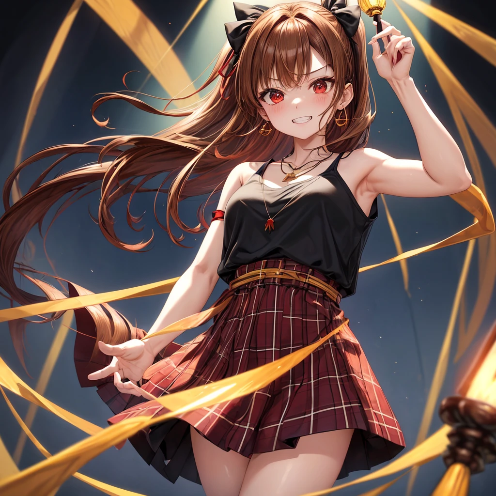 reddish-brown golden hair、red eyes、one good looking girl、solo、anime、plaid mini skirt、black camisole、black t-shirt、dress、wearing a ribbon、ribbon at waist、crystal earrings、jewelry necklace、Light and shadow、tilting one&#39;s face、teeth are visible、pillar、torches、evil looking face、Kuroko、Den-den drum、grassland