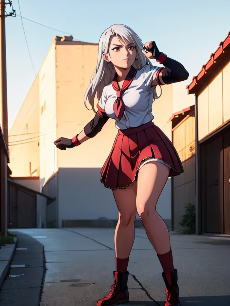 cartoon, sukeban illyasviel_von_einzbern, mature_female, silver hair, holding yoyo, combat pose, full body, flowing hair, hair between the eyes, asymmetrical hair, red eyes, delicate facial features, sukeban deka clothe, looking_at_viewer, outdoors, background tokyo, ((solo girl:1,5))+++++,woman in a 80's sukeban seifuku standing on a set of strees, black , 80's japanese sukeban photo, sukeban seifuku, 80's japan, sukeban, long black skirt, red converse, full body, light skin tone female, full body, tape, arm_support, gloves, red_gloves, bridal gauntlets, blackred_footwear, fighter outfit, full body, hourglass, mature face, cheeky smile, cheeky face, wrinkles,( silver long hair, earrings, ear piercings), (fighting art, Martial arts, standing, fighting_stance, fight, fighting), extra colors, 2D, megapixel, perfectionism, accent lighting, full HD , 4K, masterpiece, empty red eyes, extra colors, 2D, megapixel, perfectionism, accent lighting, full HD , (Masterpiece:1.2), (full-body-shot:1),(cowboy shot:1.2), (Highly detailed:1.2),(anime Detailed Face:1.2), Colorful, A detailed eye, (Detailed landscape:1.2), (natural lighting:1.2), ((sukeban school teacher)) by Vincent Di Fate: Aidyllery, Anamorphic Shot, rule of thirds, face by Artgerm and WLOP, ((street of rage 4 city backround)), fictive city backround in the style art of street of rage 4,