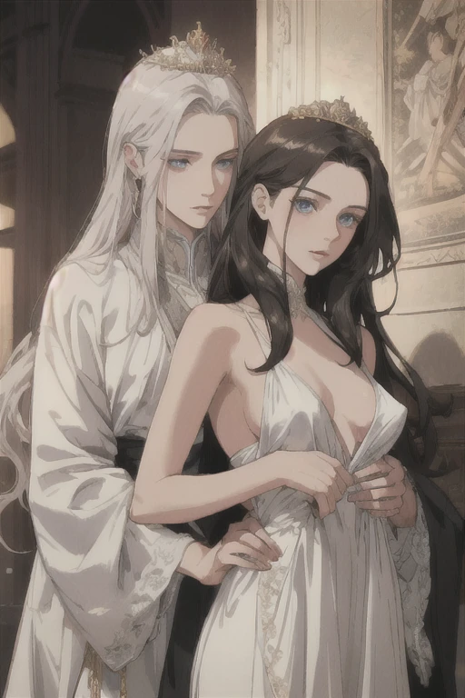 ((Best quality)), ((masterpiece)), (detailed), perfect face in the arms of a very handsome young man, majestic, courageous, sports, attractive male demon with long straight platinum hair, tanned skin, gray burning eyes, dressed in black royal robes, with a silver crown on his head, with big black wings, growing behind my back, there is an incredibly beautiful young delicate fragile woman in a flowing white translucent dress in the Greek style, she has blue eyes, Long golden hair, elegant golden tiara, beautiful slim female body, which is visible through the fabric of her dress, beautiful neat small female breasts with pointed nipples, small pink halos. they are in love with each other, he hugs her tenderly. full length image. realistic image, full length image. careful drawing of the anatomical accuracy of the body, gentle face type, excessive detail of the female body. masterpiece, perfect drawing, realistic drawing, Full-length drawing, 8k. full length image, realistic image, detailed image. extremely detailed illustration, настоящий masterpiece, highest quality, with careful drawing. shading with shadows. careful depiction of the anatomical accuracy of the female body, attractive face type and excessive detailing of the female body.