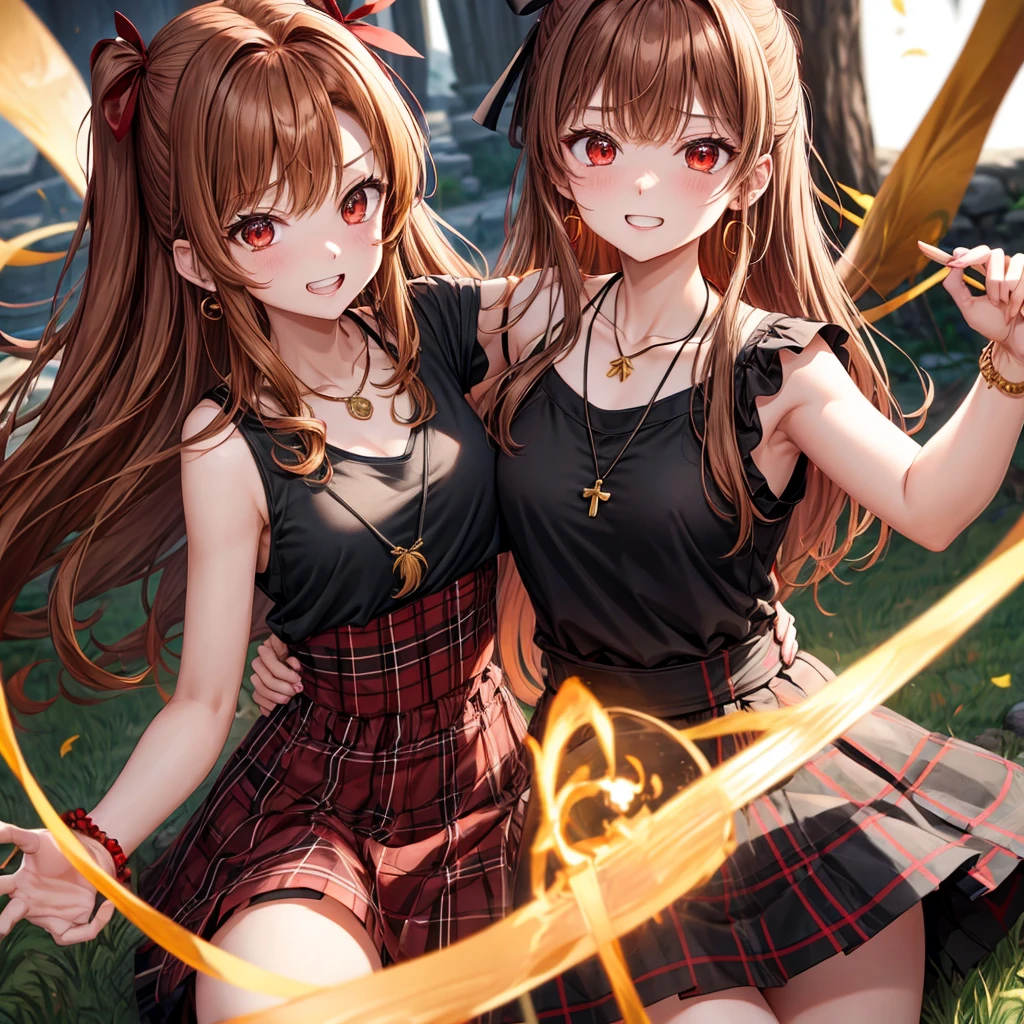 reddish-brown golden hair、red eyes、one good looking girl、solo、anime、plaid mini skirt、black camisole、black t-shirt、dress、wearing a ribbon、ribbon at waist、crystal earrings、jewelry necklace、Light and shadow、tilting one&#39;s face、teeth are visible、pillar、torches、evil looking face、Kuroko、Den-den drum、grassland