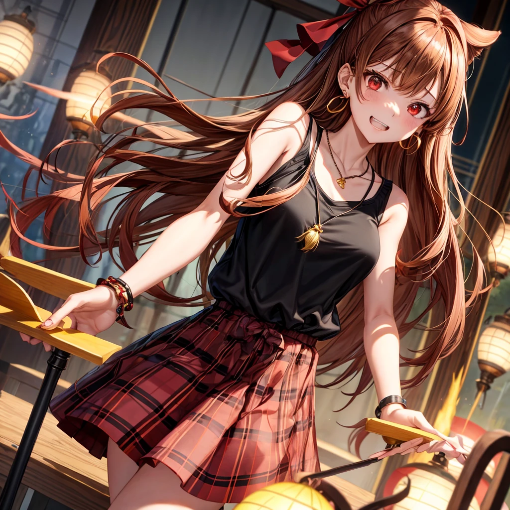 reddish-brown golden hair、red eyes、one good looking girl、solo、anime、plaid mini skirt、black camisole、black t-shirt、dress、wearing a ribbon、ribbon at waist、crystal earrings、jewelry necklace、Light and shadow、tilting one's face、teeth are visible、pillar、torches、evil looking face、Kuroko、Den-den drum、grassland