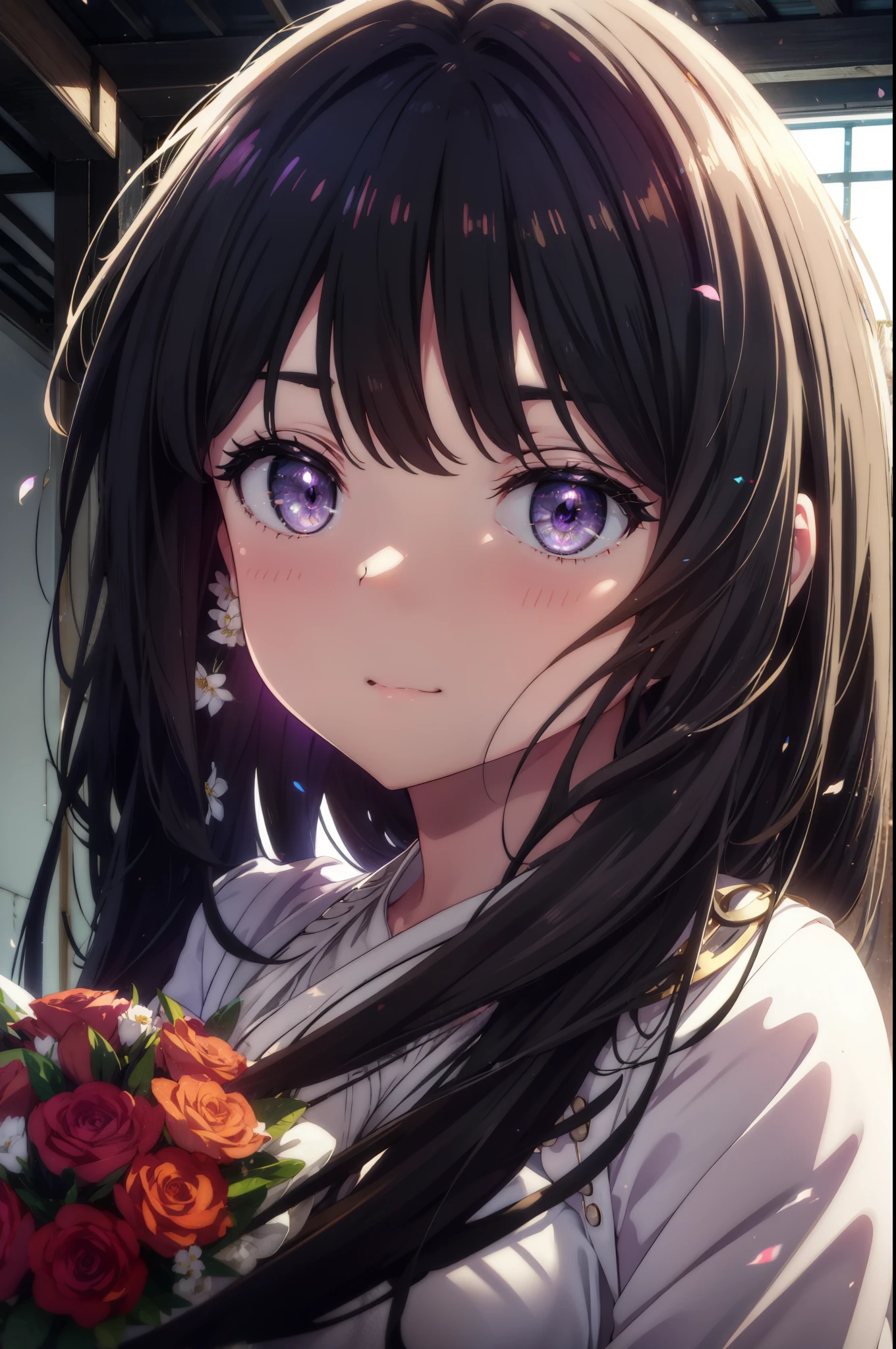 Takiuchi Kame, check it out, long hair, bangs, black hair, (purple eyes:1.2),
blush,smile, Wedding dress,veil wedding skirt,bouquet,bouquetトス,holding a large bouquet of flowers in both hands, 
break indoors, church,チャペル
break looking at viewer, (cowboy shot:1.5),
break (masterpiece:1.2), highest quality, High resolution, unity 8k wallpaper, (figure:0.8), (detailed and beautiful eyes:1.6), highly detailed face, perfect lighting, Very detailed CG, (perfect hands, perfect anatomy),