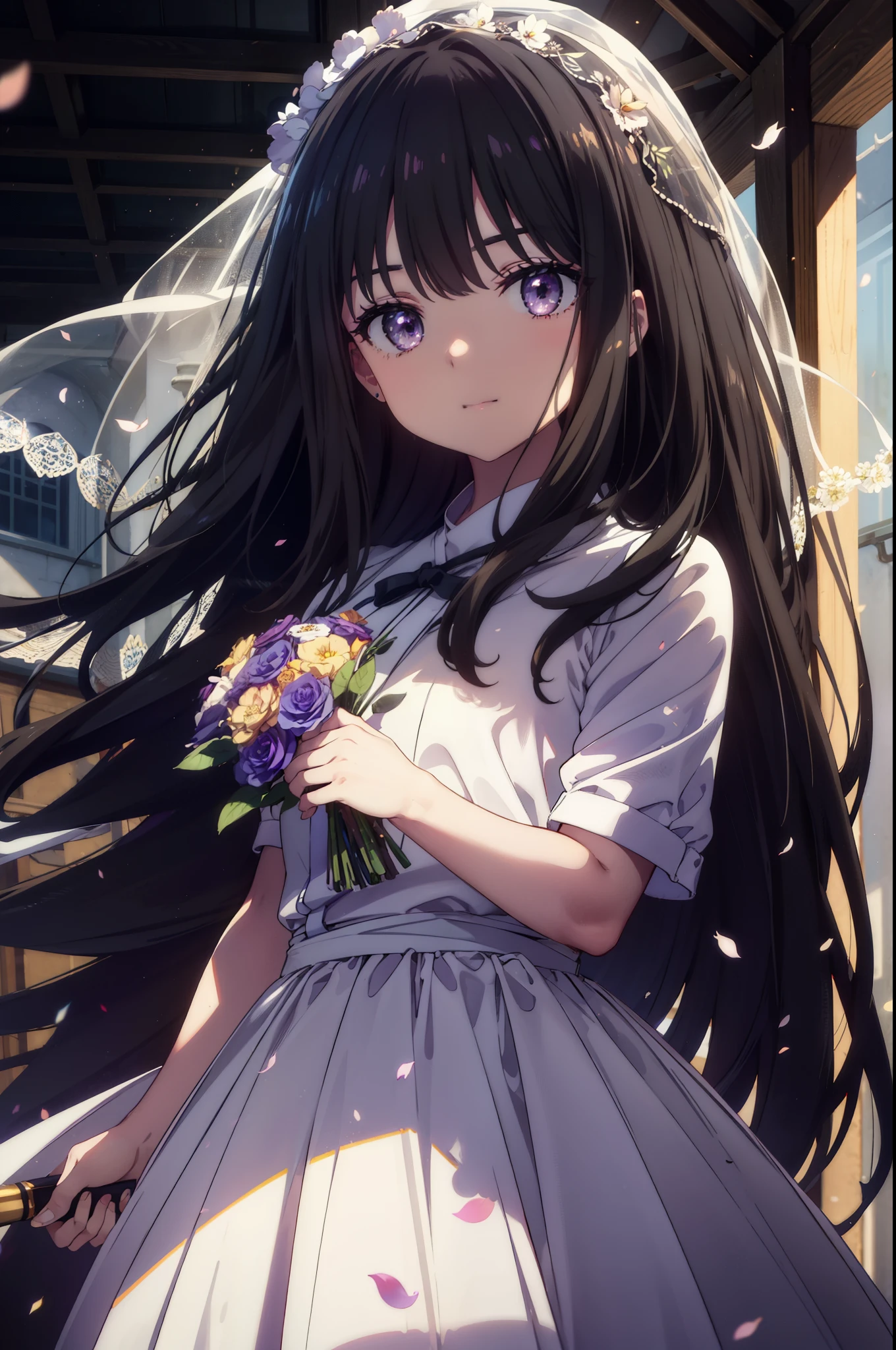 Takiuchi Kame, check it out, long hair, bangs, black hair, (purple eyes:1.2),
blush,smile, Wedding dress,veil wedding skirt,bouquet,bouquetトス,holding a large bouquet of flowers in both hands, 
break indoors, church,チャペル
break looking at viewer, (cowboy shot:1.5),
break (masterpiece:1.2), highest quality, High resolution, unity 8k wallpaper, (figure:0.8), (detailed and beautiful eyes:1.6), highly detailed face, perfect lighting, Very detailed CG, (perfect hands, perfect anatomy),