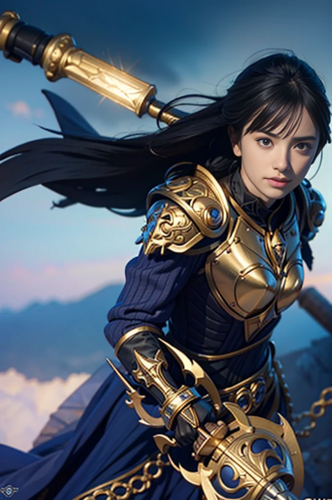 Masterpiece, Top Quality, Photorealistic, Highly Detailed, Octane Rendering, Unreal Engine, 8k HD, Ultra Detailed, Realistic Skin Texture, Best Quality, Ultra High Resolution, Raw Photos, Dramatic Lighting, Unreal Engine, Diffused Light, Dynamic Pose8k,ultra detailed, masterpiece, best quality, (extremely detailed), dynamic angle, Mysterious expression, wind effect, fantasy background, rim lighting, cinematic light, ultra high res, 8k uhd, film grain,best shadow, delicate, RAW, light particles, detailed skin texture, detailed armor texture, detailed face, intricate details, ultra detailed, bright, strong, golden armor, (holding hammer), smashing, smash action, pauldrons, glowing yellow eyes, long cape, fantasy, (realistic), shoulder armor, complex, intricate, perfect lighting, looking at viewer, cinematic lighting, flying in sky,flying, holy light, vivid, bangs, windy, paladin