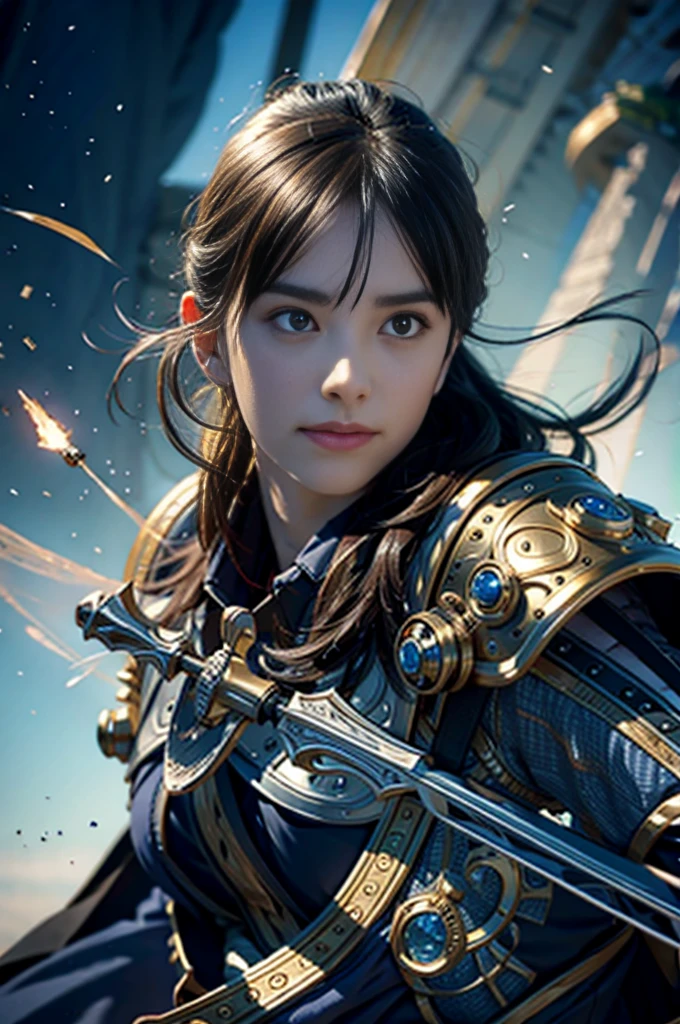 Masterpiece, Top Quality, Photorealistic, Highly Detailed, Octane Rendering, Unreal Engine, 8k HD, Ultra Detailed, Realistic Skin Texture, Best Quality, Ultra High Resolution, Raw Photos, Dramatic Lighting, Unreal Engine, Diffused Light, Dynamic Pose8k,ultra detailed, masterpiece, best quality, (extremely detailed), dynamic angle, Mysterious expression, wind effect, fantasy background, rim lighting, cinematic light, ultra high res, 8k uhd, film grain,best shadow, delicate, RAW, light particles, detailed skin texture, detailed armor texture, detailed face, intricate details, ultra detailed, bright, strong, golden armor, (holding hammer), smashing, smash action, pauldrons, glowing yellow eyes, long cape, fantasy, (realistic), shoulder armor, complex, intricate, perfect lighting, looking at viewer, cinematic lighting, flying in sky,flying, holy light, vivid, bangs, windy, paladin
