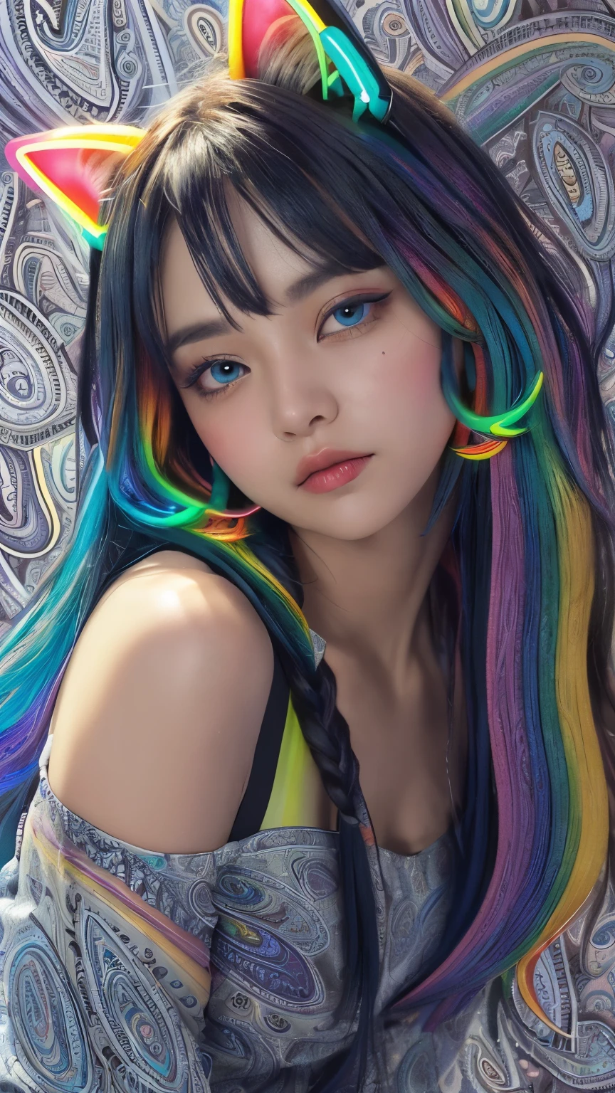 8k, RAW photo, realistic, photo-realistic, hyper-realistic, highest quality, highest quality, masterpiece, very detailed, disorganized,
masterpiece, highest quality, (very detailed CG Unity 8k 壁紙, masterpiece, highest quality, super detailed, best shadow), (detailed background), (beautiful detailed face, beautiful detailed eyes), high contrast, (best illumination), 1 girl, Australian person, colorful hair, beautiful, ((Colorful paint splatters on transparent background, dulux)), ((caustic)), dynamic angle,beautiful detailed glow,whole body, cowboy shot,