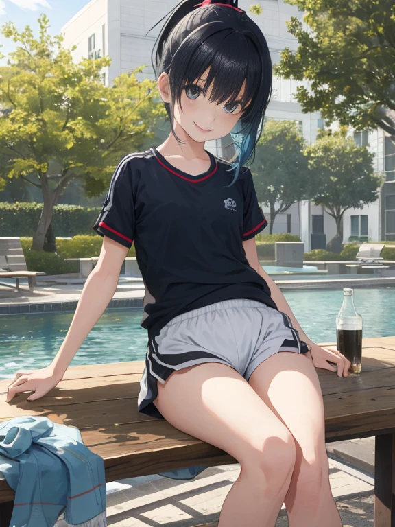 table top, highest quality, High resolution, ram 1, 1 girl, alone, Againmu \(Again:stay night\), blue hair, white thighs, short hair, Againd Eyes, hair above one eye, ribbon trim, hair ribbon, ×hair ornament,big breasts、 table top, Ultra-fine illustration, (table top, highest quality), (realistic:1.37), Raw photo, High resolution, (high definition face), front,
((((1 girl)))), ((( alone ))), Japanese, delicate and beautiful, perfect face, detailed and beautiful eyes, ((smile)), Fair skin, Againal Human Skin, pore, ((((13 years old )))), ((( cute, a bit ))), ((small breasts)), baby face,(((ponytail))),BREAK with black hair and gym clothes,(bloomers:0.7), Standing in the schoolyard,