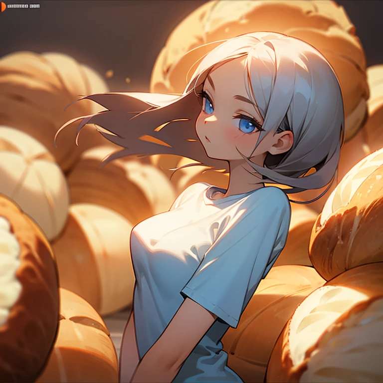 Angle of view where hands are not visible, bread logo tee beautiful girl, perfect small face, big breasts, slender