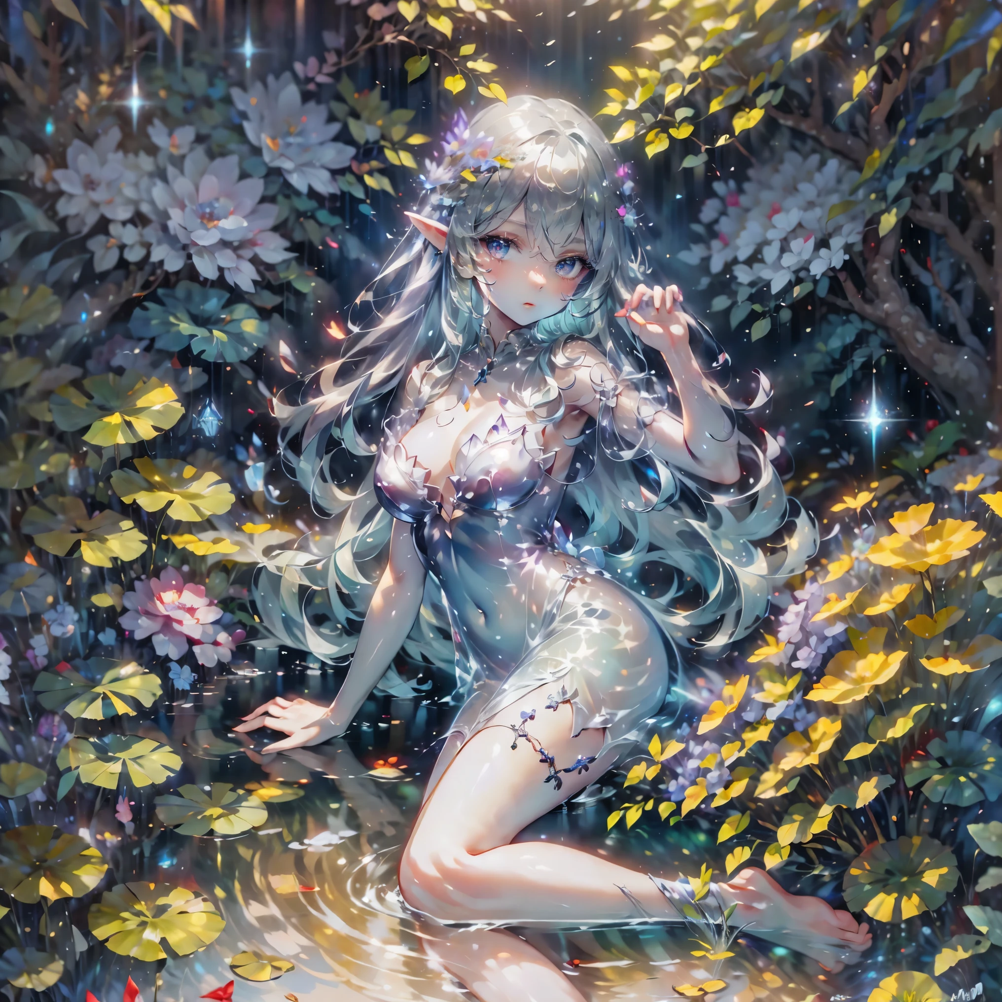 (masterpiece, 8K, Super detailed), 1 person, Create a gorgeous portrait of an Elven King, long white hair, purple eyes, Bokeh, shimmer,
