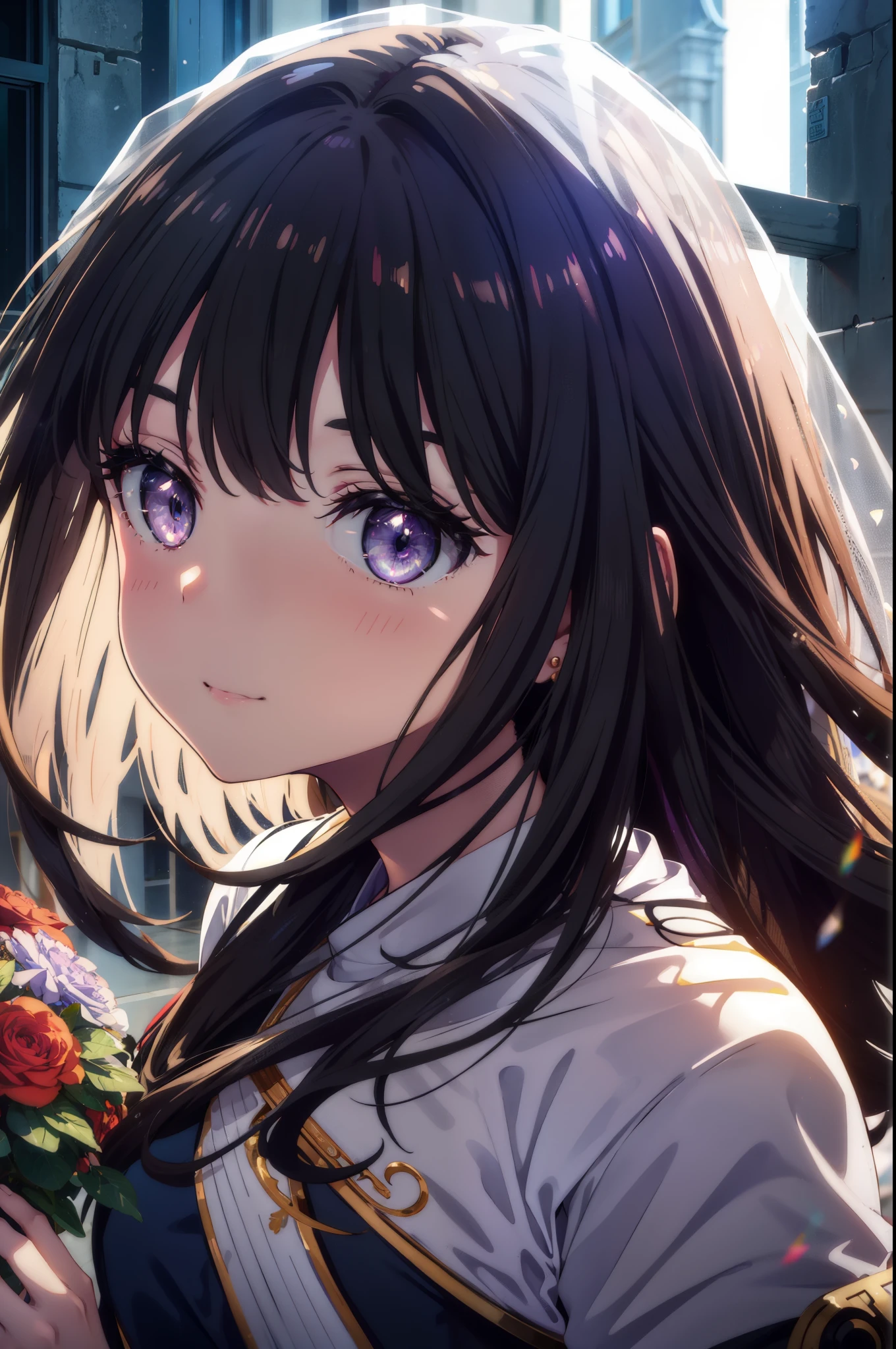 Takiuchi Kame, check it out, long hair, bangs, black hair, (purple eyes:1.2),
blush,smile, Wedding dress,veil wedding skirt,bouquet,bouquetトス,holding a large bouquet of flowers in both hands, 
break indoors, church,チャペル
break looking at viewer, whole body,(cowboy shot:1.5),
break (masterpiece:1.2), highest quality, High resolution, unity 8k wallpaper, (figure:0.8), (detailed and beautiful eyes:1.6), highly detailed face, perfect lighting, Very detailed CG, (perfect hands, perfect anatomy),