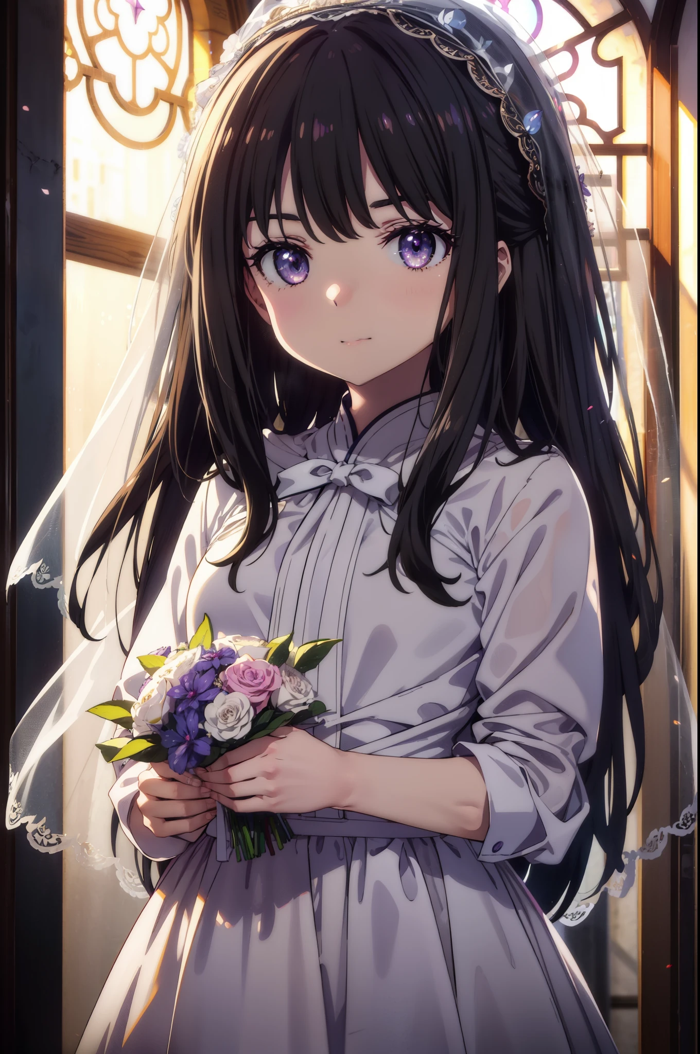 Takiuchi Kame, check it out, long hair, bangs, black hair, (purple eyes:1.2),
blush,smile, Wedding dress,veil wedding skirt,bouquet,bouquetトス,holding a large bouquet of flowers in both hands, 
break indoors, church,チャペル
break looking at viewer, whole body,(cowboy shot:1.5),
break (masterpiece:1.2), highest quality, High resolution, unity 8k wallpaper, (figure:0.8), (detailed and beautiful eyes:1.6), highly detailed face, perfect lighting, Very detailed CG, (perfect hands, perfect anatomy),