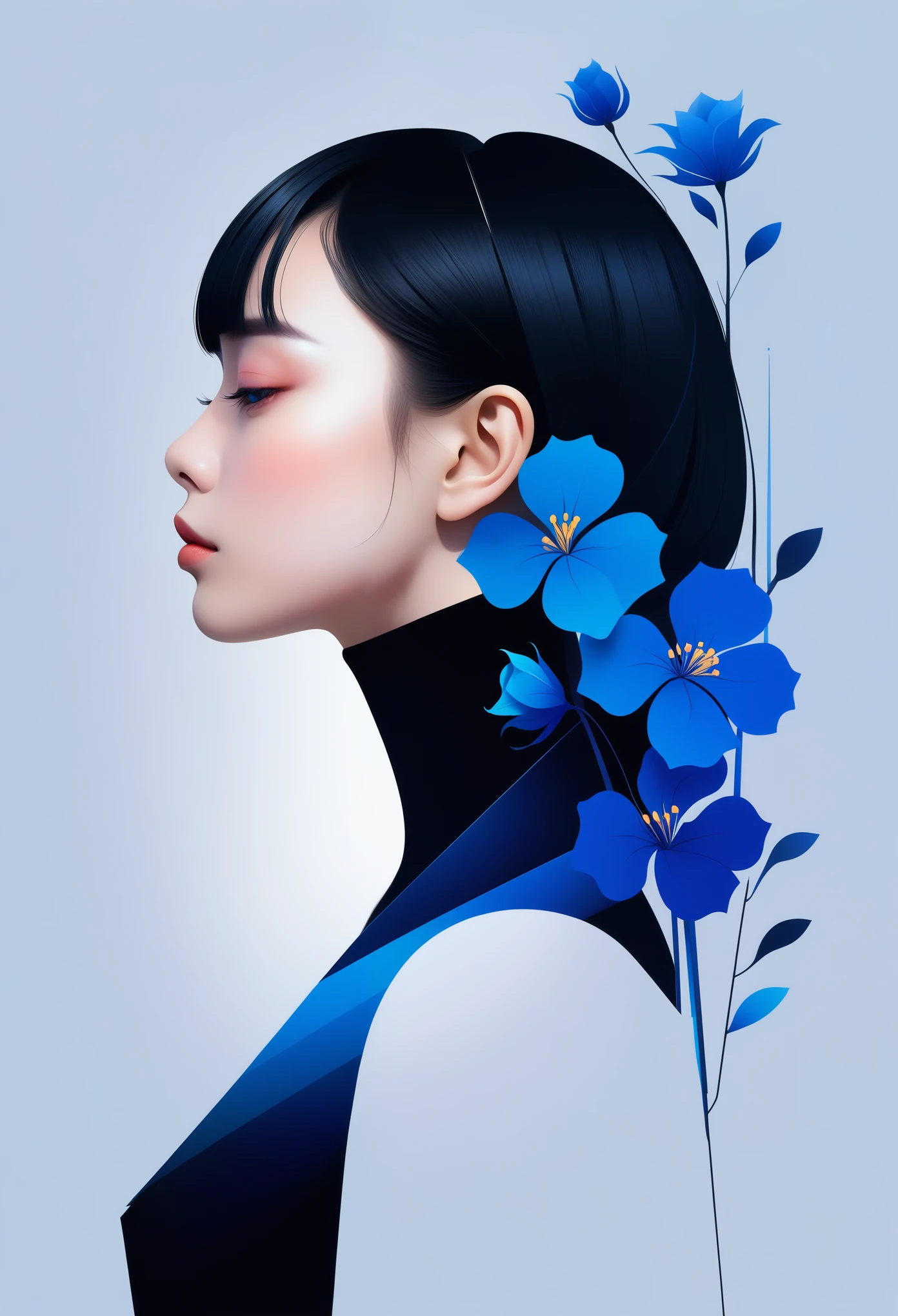 (((vector，flat form style，illustration，数字艺术illustration)))，1 girl，Unique，pretty face，profile，portrait，Shoulder，Black high neck，Geometric gradients，gradient lines，artistic conception，Abstract，Minimalism，minimalist lines，portrait，blue flower, wer