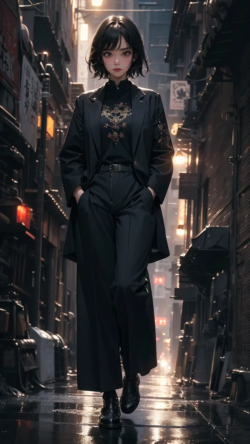 (Highly detailed CG unit 8k wallpaper, masterpiece, High resolution, highest quality, highest qualityのリアルテクスチャスキン), Fashion pose with hands in pockets:1.4, A cool NY fashion girl influenced by nostalgic and inorganic mode fashion., Nana Komatsu, Asymmetrical short hair, detailed costume, fine embroidery, Solid wide leg pants and jacket combination:1.3, blurred background, An empty alley in New York:1.2, hyper realistic, digital painting, concept art,