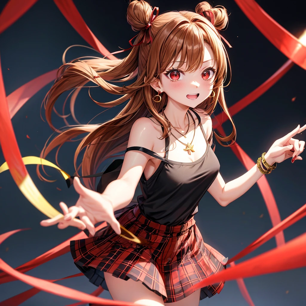 reddish-brown golden hair、red eyes、one good looking girl、solo、anime、plaid mini skirt、black camisole、black t-shirt、dress、wearing a ribbon、ribbon at waist、crystal earrings、jewelry necklace、Light and shadow、tilting one's face、teeth are visible、pillar、torches、evil looking face、Kuroko、Den-den drum、grassland