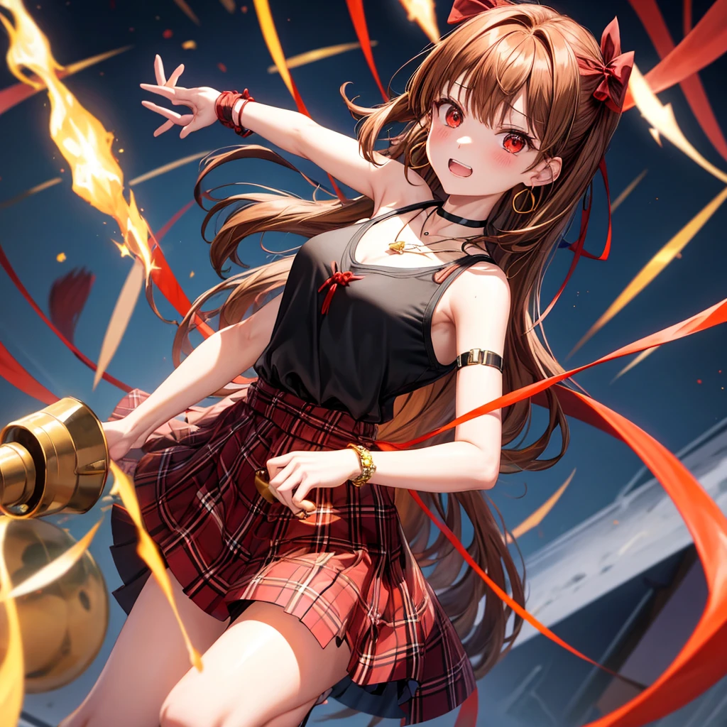 reddish-brown golden hair、red eyes、one good looking girl、solo、anime、plaid mini skirt、black camisole、black t-shirt、dress、wearing a ribbon、ribbon at waist、crystal earrings、jewelry necklace、Light and shadow、tilting one's face、teeth are visible、pillar、torches、evil looking face、Kuroko、Den-den drum、grassland