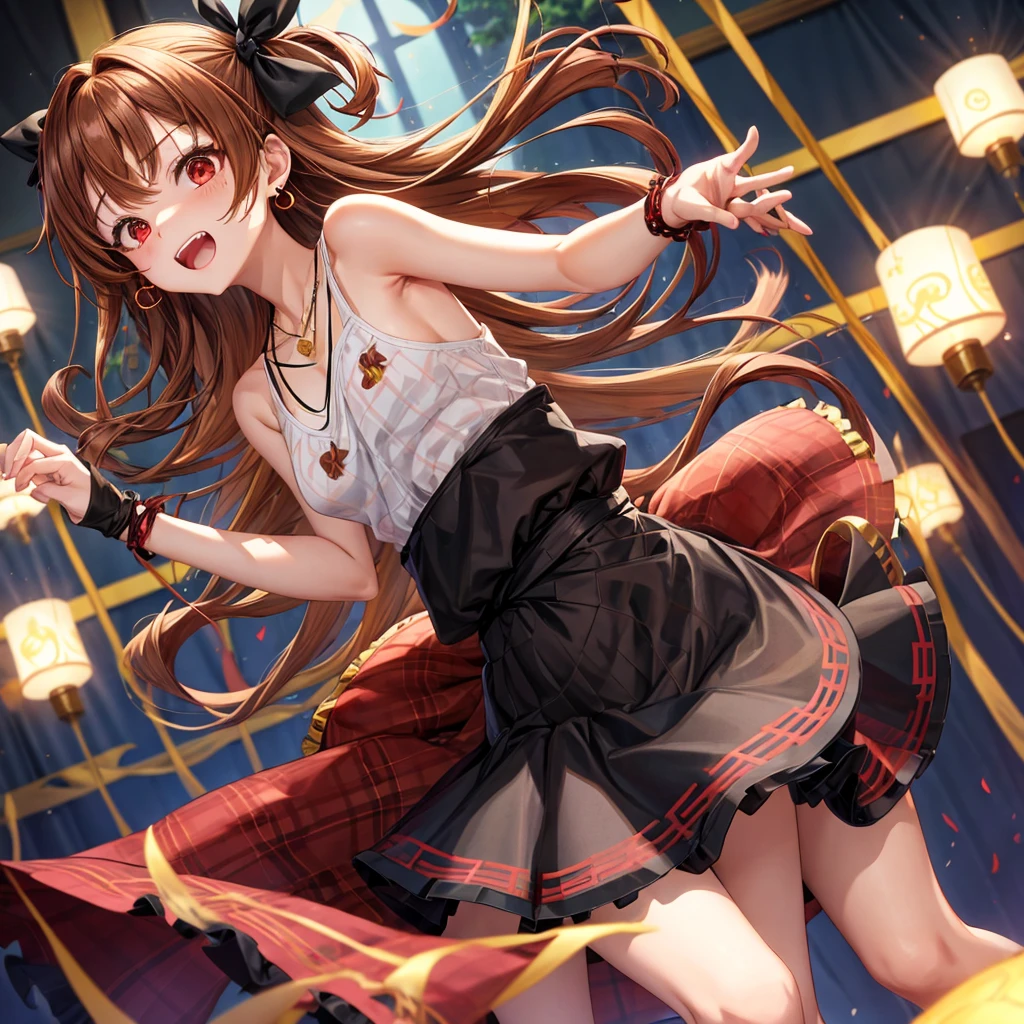reddish-brown golden hair、red eyes、one good looking girl、solo、anime、plaid mini skirt、black camisole、black t-shirt、dress、wearing a ribbon、ribbon at waist、crystal earrings、jewelry necklace、Light and shadow、tilting one's face、teeth are visible、pillar、torches、evil looking face、Kuroko、Den-den drum、grassland
