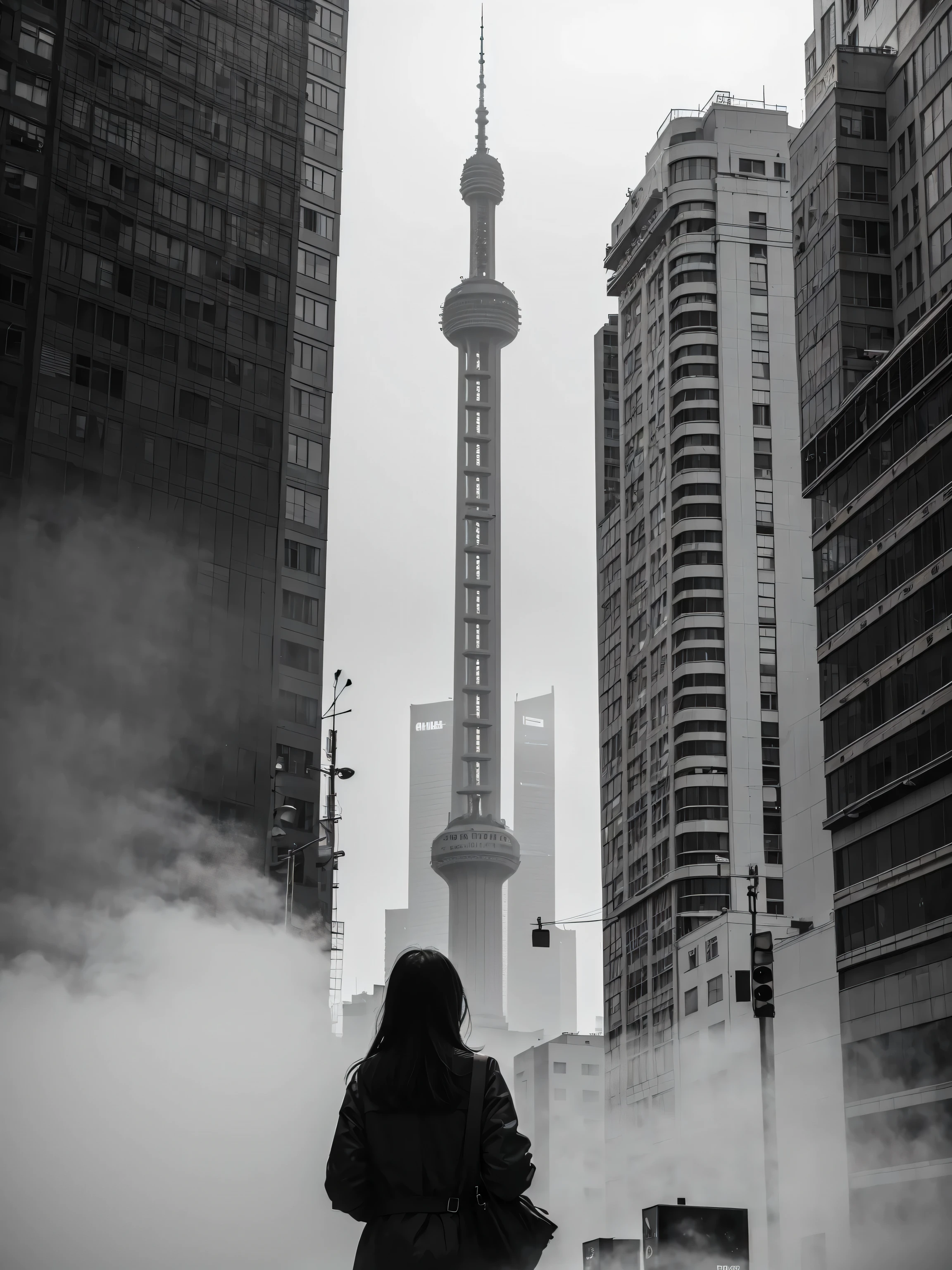 black and white photography，Minimalist photography，Shanghai on the Bund，morning，Thick white fog，City buildings are partially obscured by fog，The back of a woman in black in the middle of the picture，（one person：1.5）。Small proportions，background blur，TV tower outline