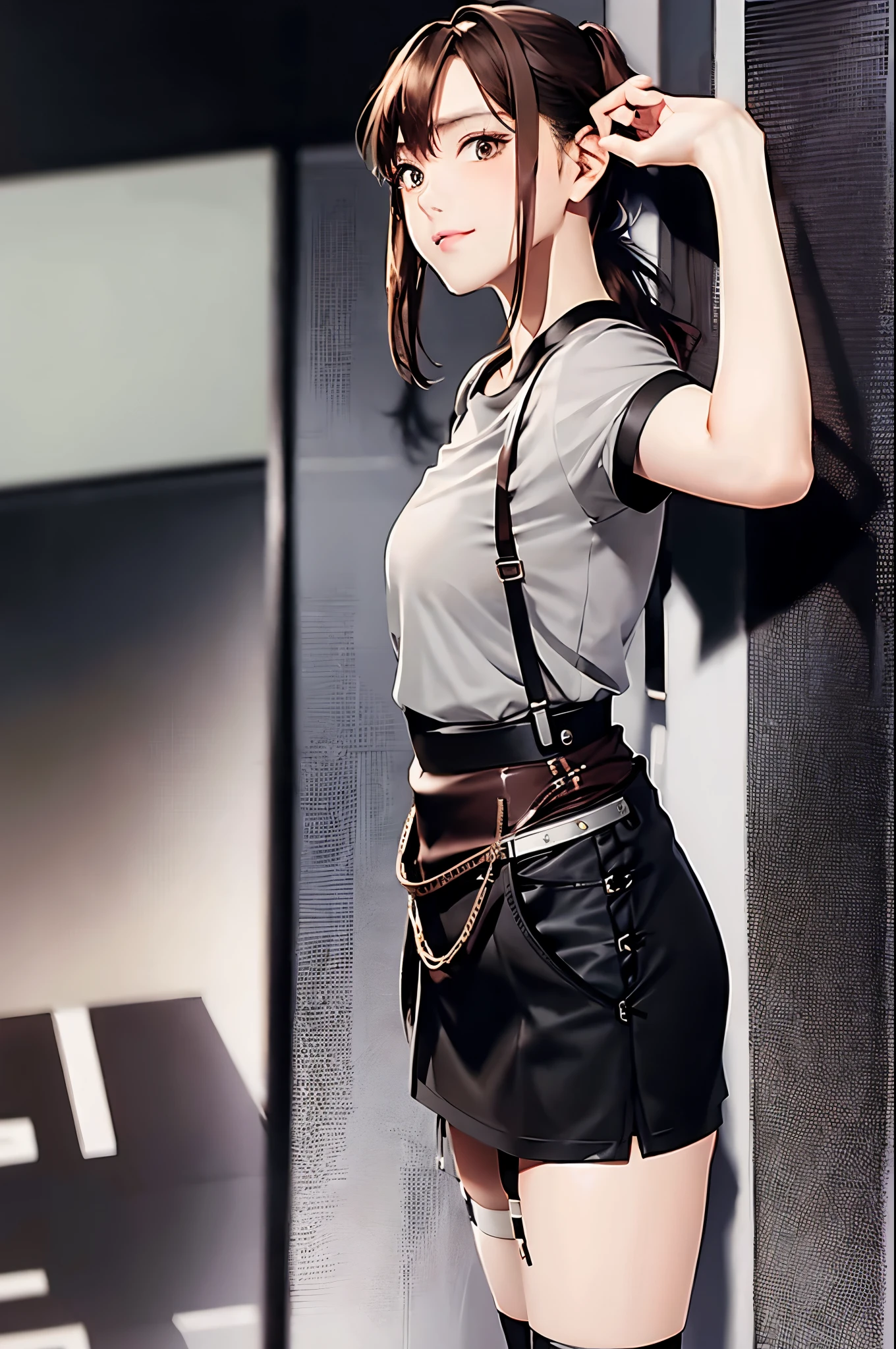 black skirt, 　suspenders, brown hair gray eyes, garter belt on legs, tight clothes, 　　 internal　armpit sweat　　dark look　Moderate chest　holster　Belt Chain　hair ornaments　ponytail