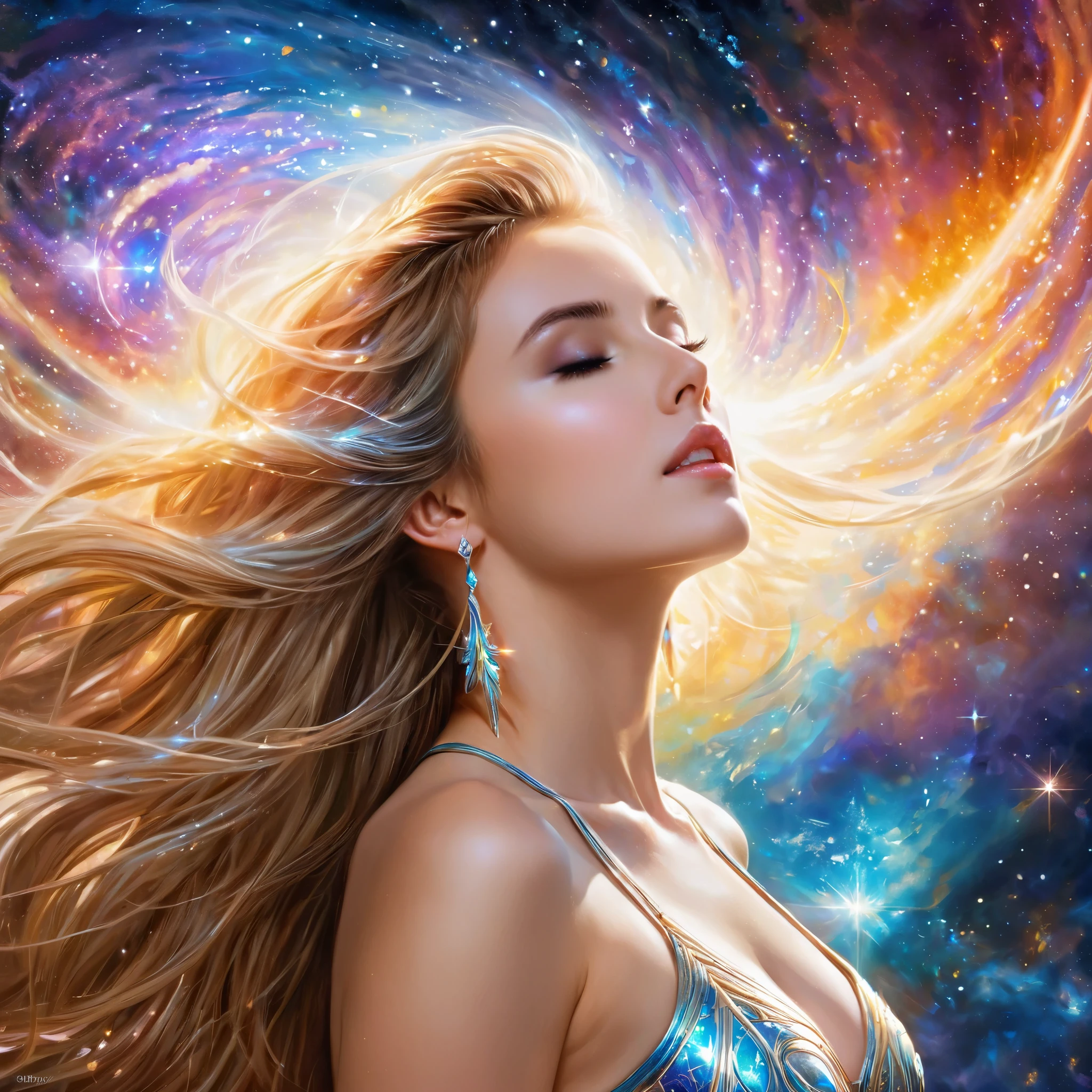 (Highest Quality,High Resolution,Masterpiece:1.2),Ultra-Detailed,(Realistic,Photorealistic,Photorealistic:1.37)(goddess of cosmic love:1.1,beautiful:1.1,astral body:1.1),divine goddess,celestial beauty,supernatural presence,spectacular cosmic entity,majestic celestial being,dazzling aura,ethereal radiance,transcendent elegance,(luminous energy:1.1),(immortal deity:1.2),heavenly grace,mystical attire,serene expression,golden hair flowing,(shimmering eyes:1.1),(ethereal beauty:1.1),magnificent celestial realm,divine love and compassion,colorful nebulae dancing in the background,glowing stardust particles floating around her,galaxies swirling around her as her divine power expands,infinite space stretching far beyond the horizon,hint of magic(twinkle of magic:1.1),cosmic rays bathing the scene in a celestial glow,(vibrant hues:1.1),(cosmic colors:1.1),soothing color palette,evoking feelings of peace and tranquility,majestic divine presence that fills the whole universe,magical atmosphere,(delicate details:1.1),fine brushstrokes creating intricate patterns,(ethereal strokes:1.1),(dreamlike strokes:1.1),highly detailed rendering of her celestial features,subtle gradients giving depth to the image,meticulously crafted textures that bring her to life,impeccably realistic portrayal,(impressive definition:1.1),(stunning realism:1.1),immaculate attention to detail as every strand of hair is visible,(impeccable photorealism:1.1),(ultra-detailed illustration:1.1),(masterpiece of art:1.1),perfectly composed composition with balanced lighting and shadows,soft yet vibrant illumination highlighting her divine beauty,magical glow emanating from her celestial body,subtle highlights and shadows adding depth and dimension,(sublime luminosity:1.1),(ethereal lighting:1.1),(radiant glow:1.1),(harmonious lighting:1.1)