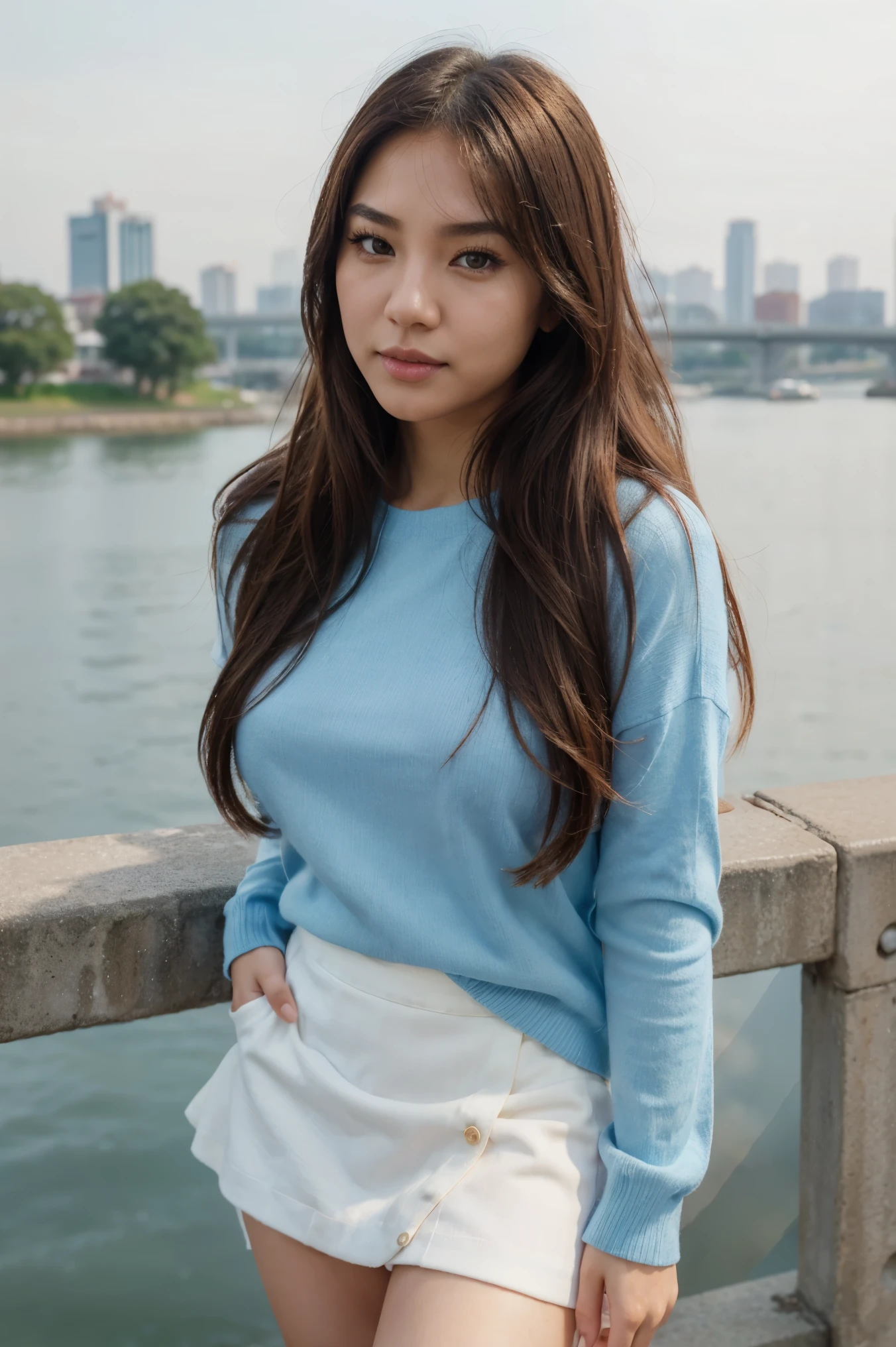 Beautiful asian woman, gorgeous face, clean skin, brown eyes, beautiful eyes, brown hair, fringe hair, thin brows, long hair, full lips, pink lips, upturned nose, thin nose, cute cheekbones, eyeliner, natural makeup, korean makeup, fit figure, girl, curvy body, flirty look, cute smile, sexy cleavage, wearing blue jumper, light blue jumper, white skirt, mini skirt, han river background, distracted, candid, front view, full body pic, best lighting, natural light, best quality, best colors, ultra realism, highly detailed, 4k